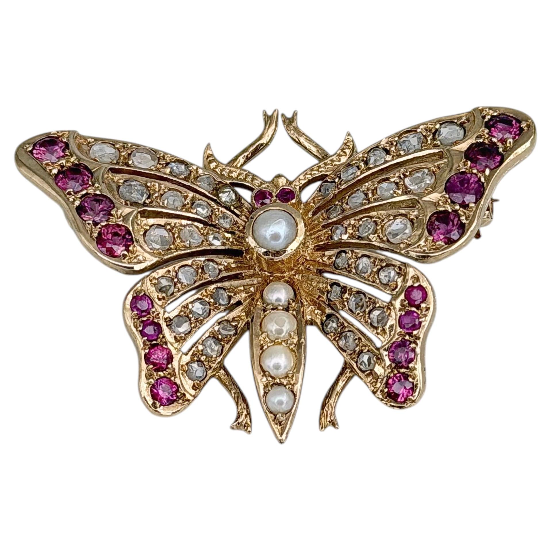 Edwardian 9 Karat Gold Pearl Rose Cut Diamond Pink Saphhire Butterfly Brooch
