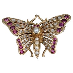 Edwardian 9 Karat Gold Perle Rosenschliff Diamant Pink Saphir Schmetterling Brosche