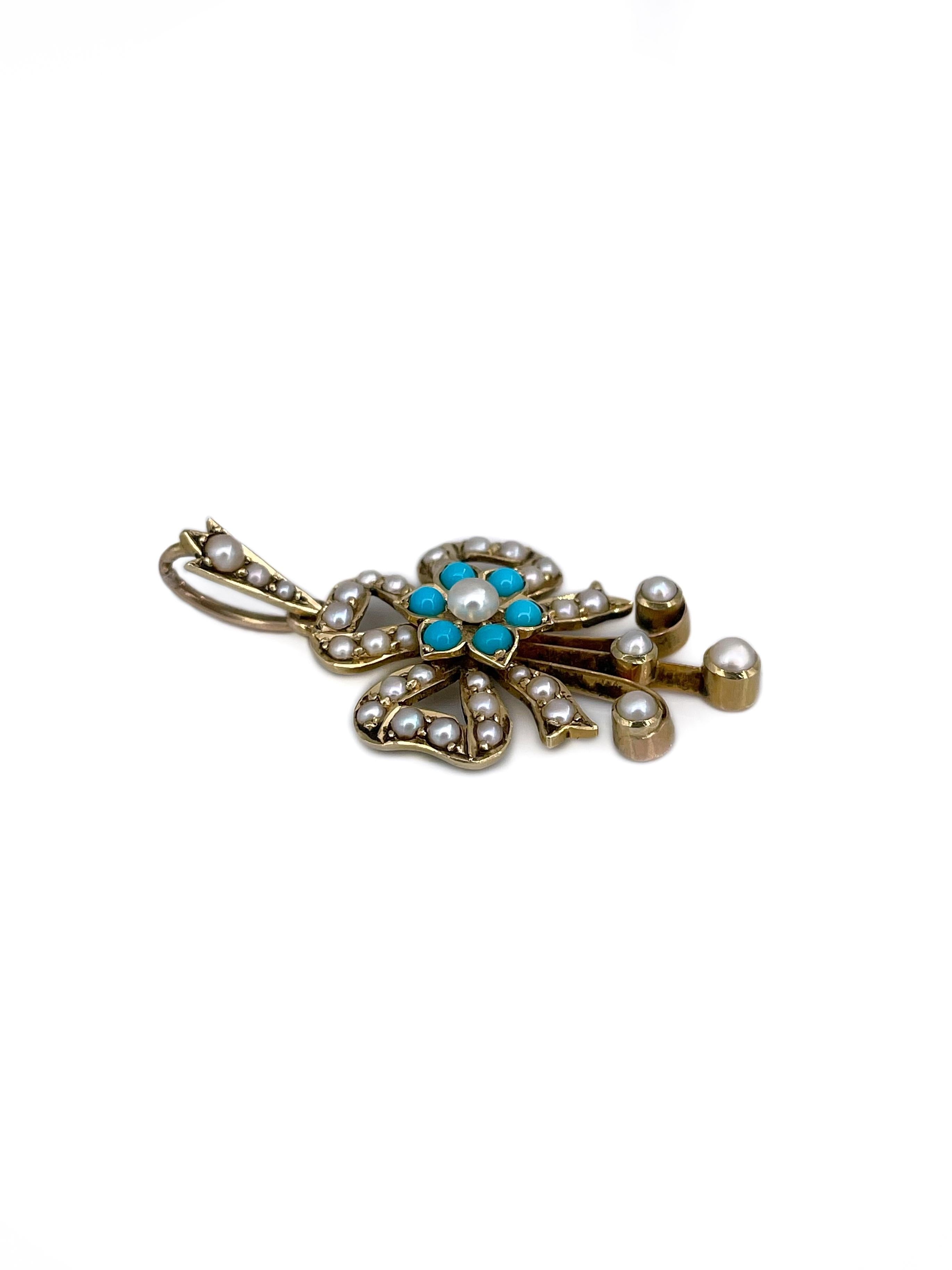 Edwardian 14 Karat Gold Perle Türkis Floral Bow Anhänger (Gemischter Schliff)