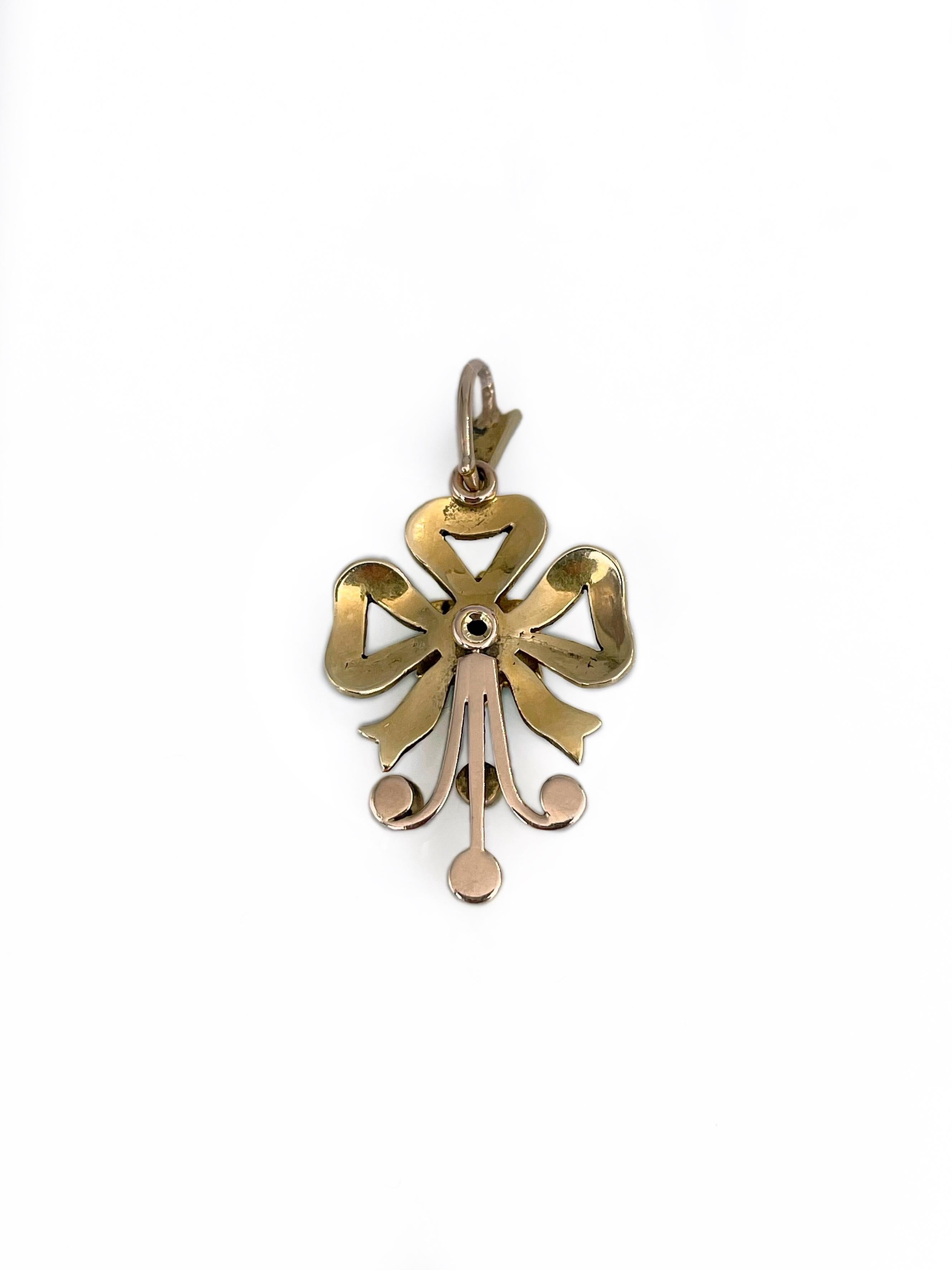 Edwardian 14 Karat Gold Perle Türkis Floral Bow Anhänger im Zustand „Gut“ in Vilnius, Vilniaus apskr.
