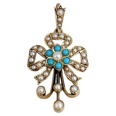 Edwardian 14 Karat Gold Perle Türkis Floral Bow Anhänger