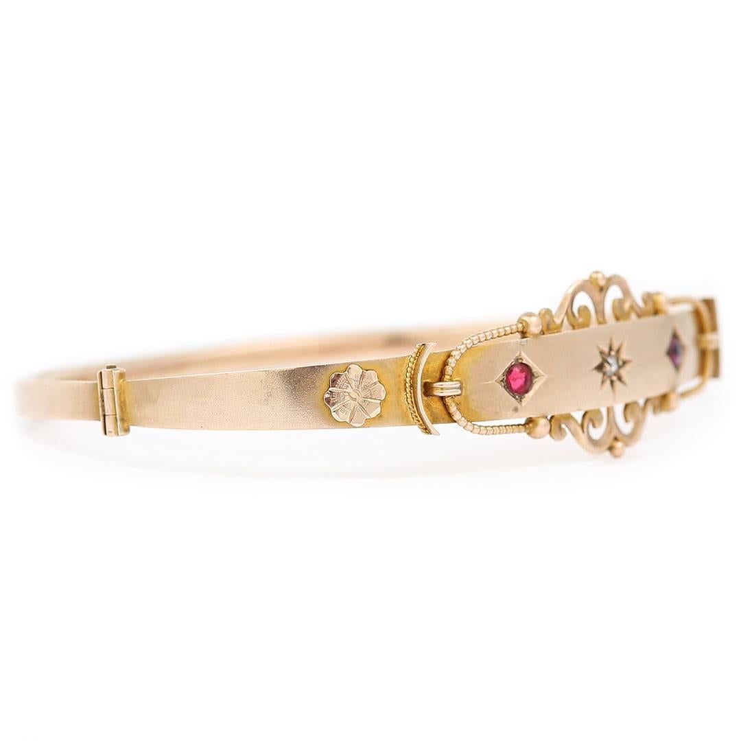 Victorian Edwardian 9 Karat Gold Ruby and Diamond Bangle, Circa 1907