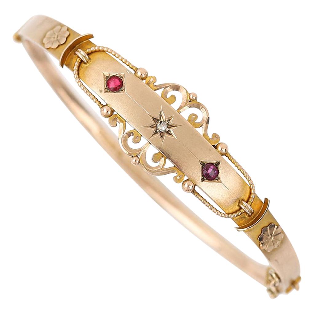 Edwardian 9 Karat Gold Ruby and Diamond Bangle, Circa 1907