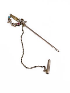 Edwardian 9 Karat Gold Seed Pearl Jabot Sword Stick Pin Brooch