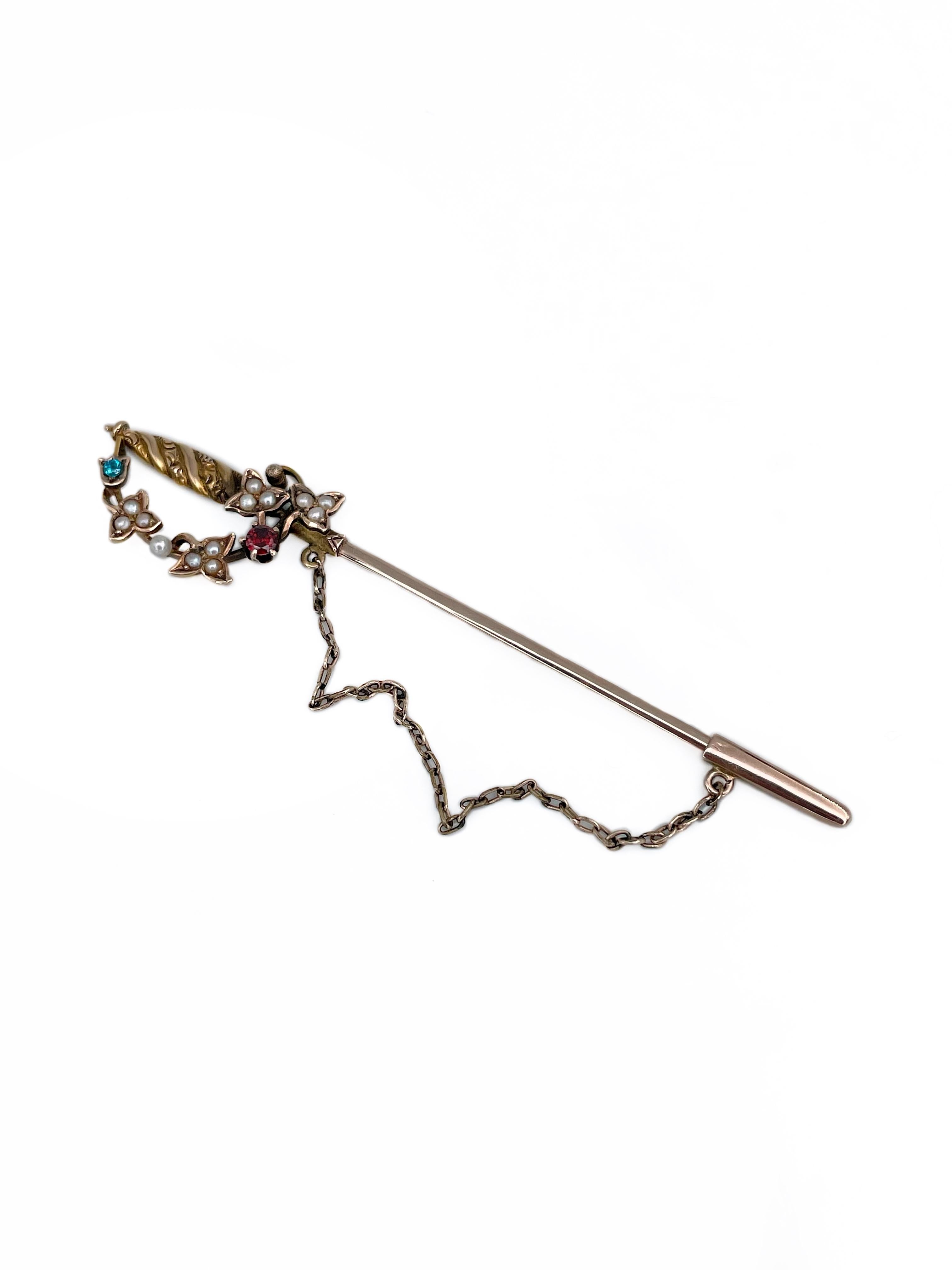 Round Cut Edwardian 9 Karat Gold Seed Pearl Jabot Sword Stick Pin Brooch