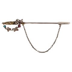 Edwardian 9 Karat Gold Seed Pearl Jabot Sword Stick Pin Brooch