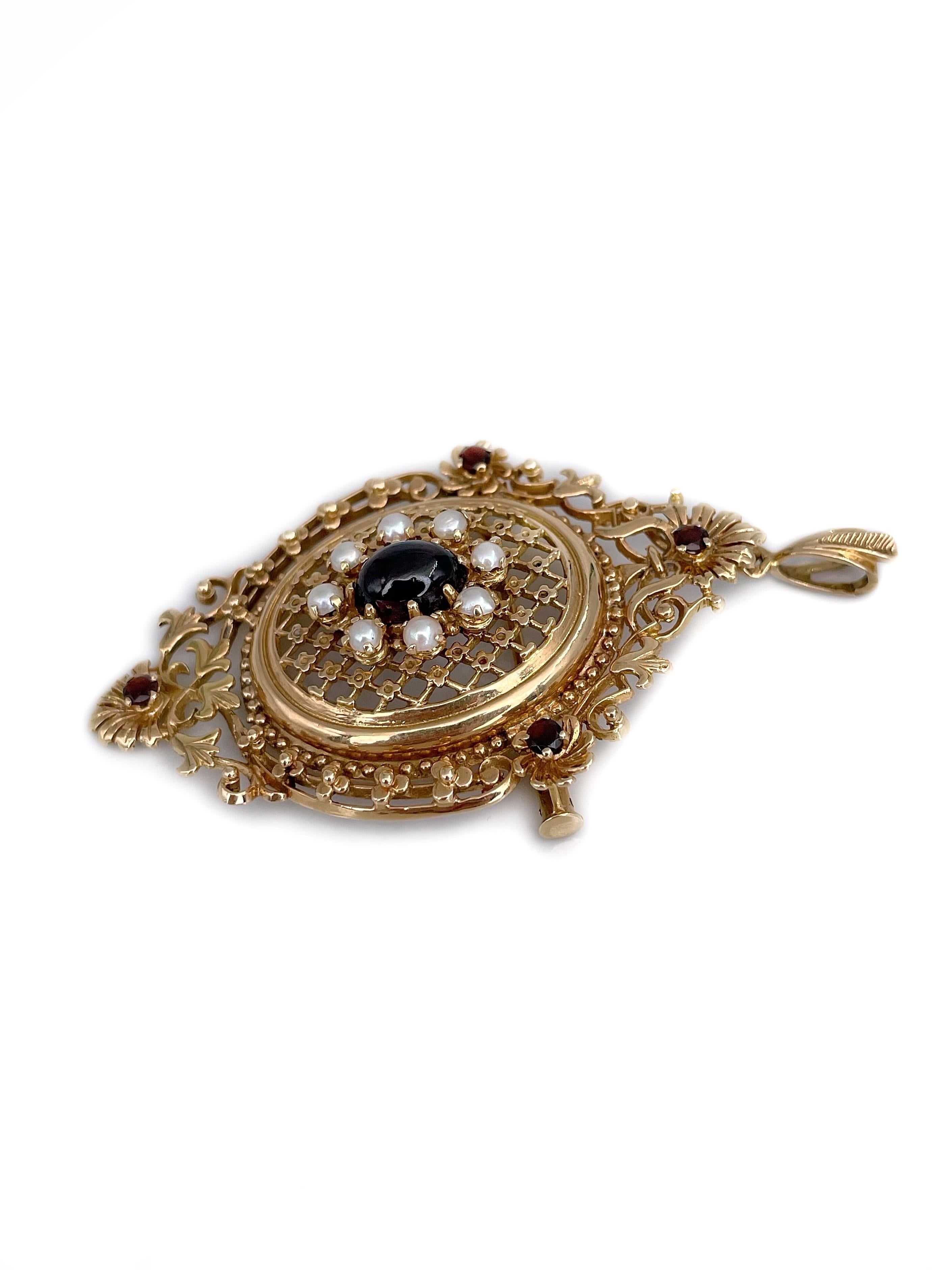 Édouardien Broche édouardienne en or jaune 9 carats avec pendentif en grenat et perles ajourées en vente