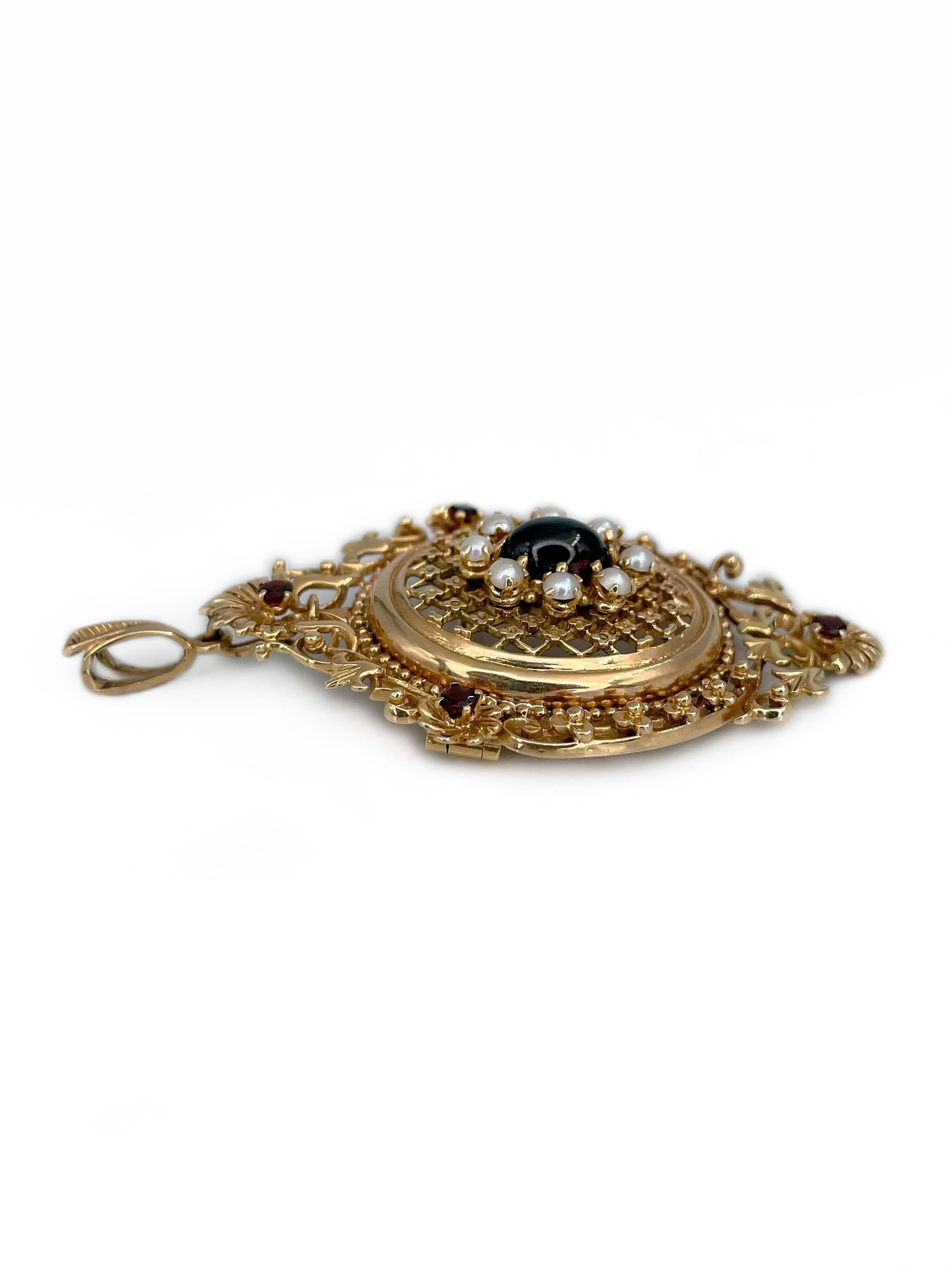 Taille mixte Broche édouardienne en or jaune 9 carats avec pendentif en grenat et perles ajourées en vente