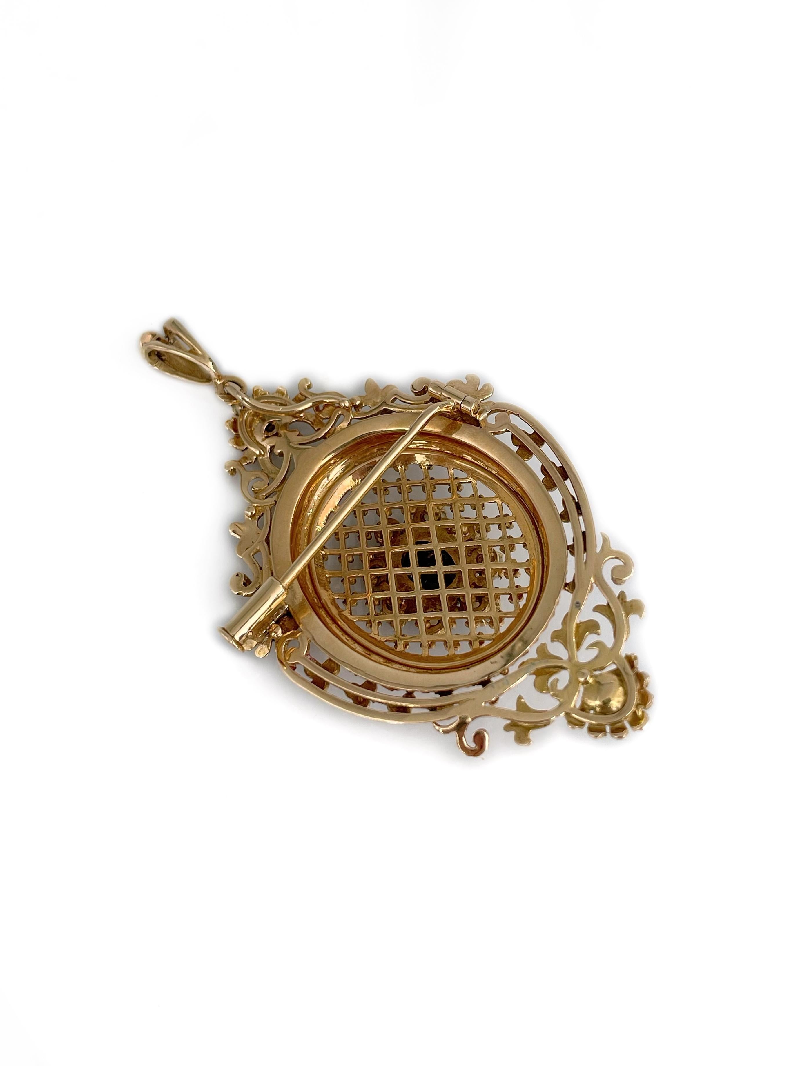 Broche édouardienne en or jaune 9 carats avec pendentif en grenat et perles ajourées Bon état - En vente à Vilnius, LT