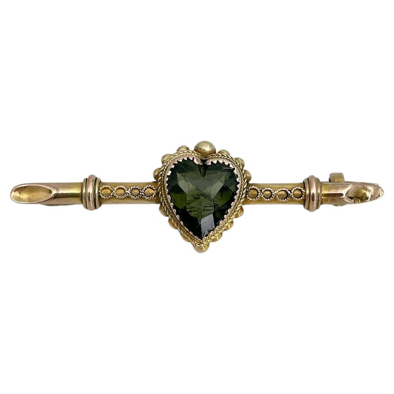 Early Georgian Antique 8 to 12 Karat Yellow Gold Brooch with Ruby and Green Faceted Glass Stones, Jointed