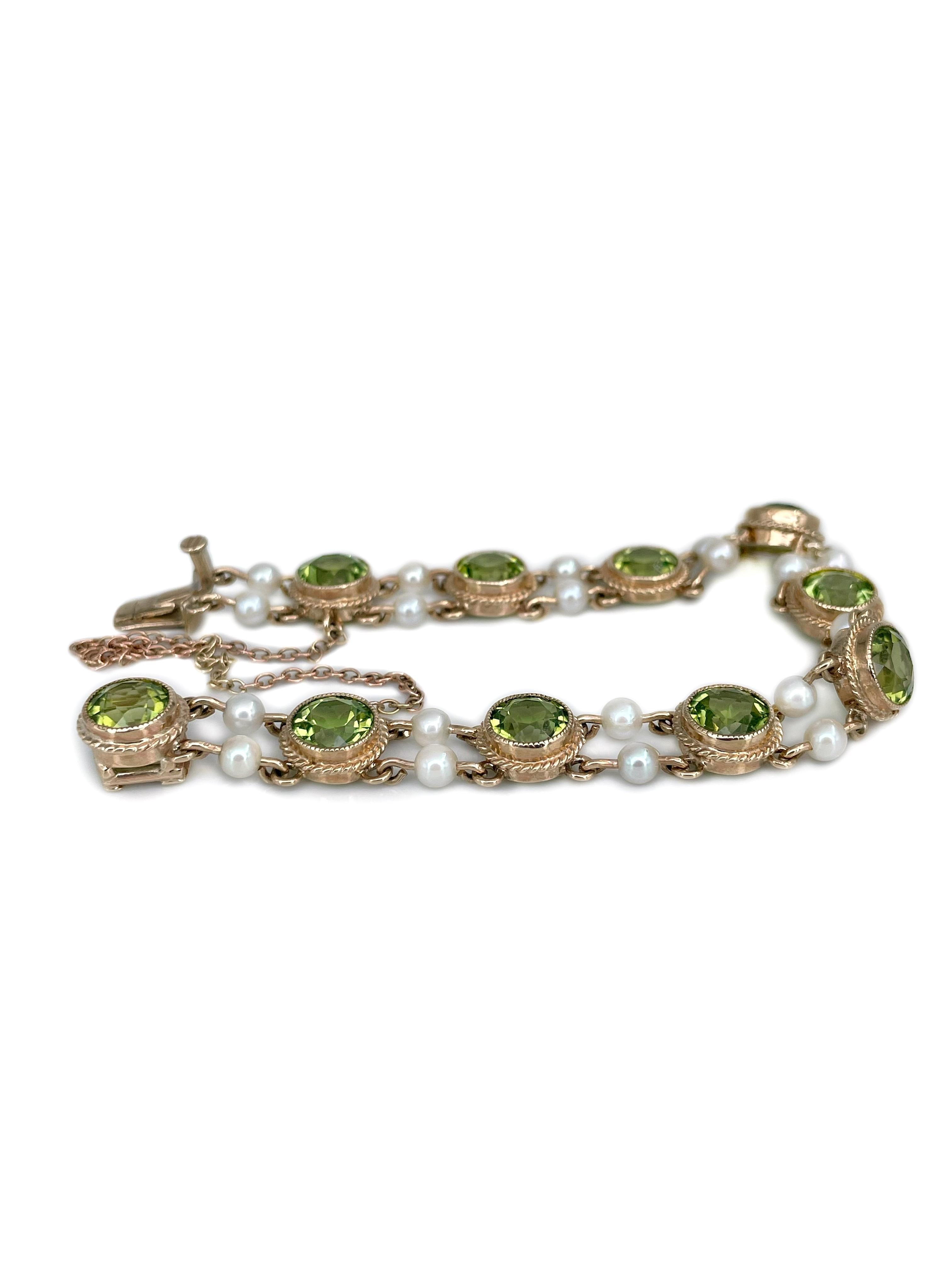 Mixed Cut Edwardian 9 Karat Yellow Gold Peridot Cultured Pearl Link Bracelet