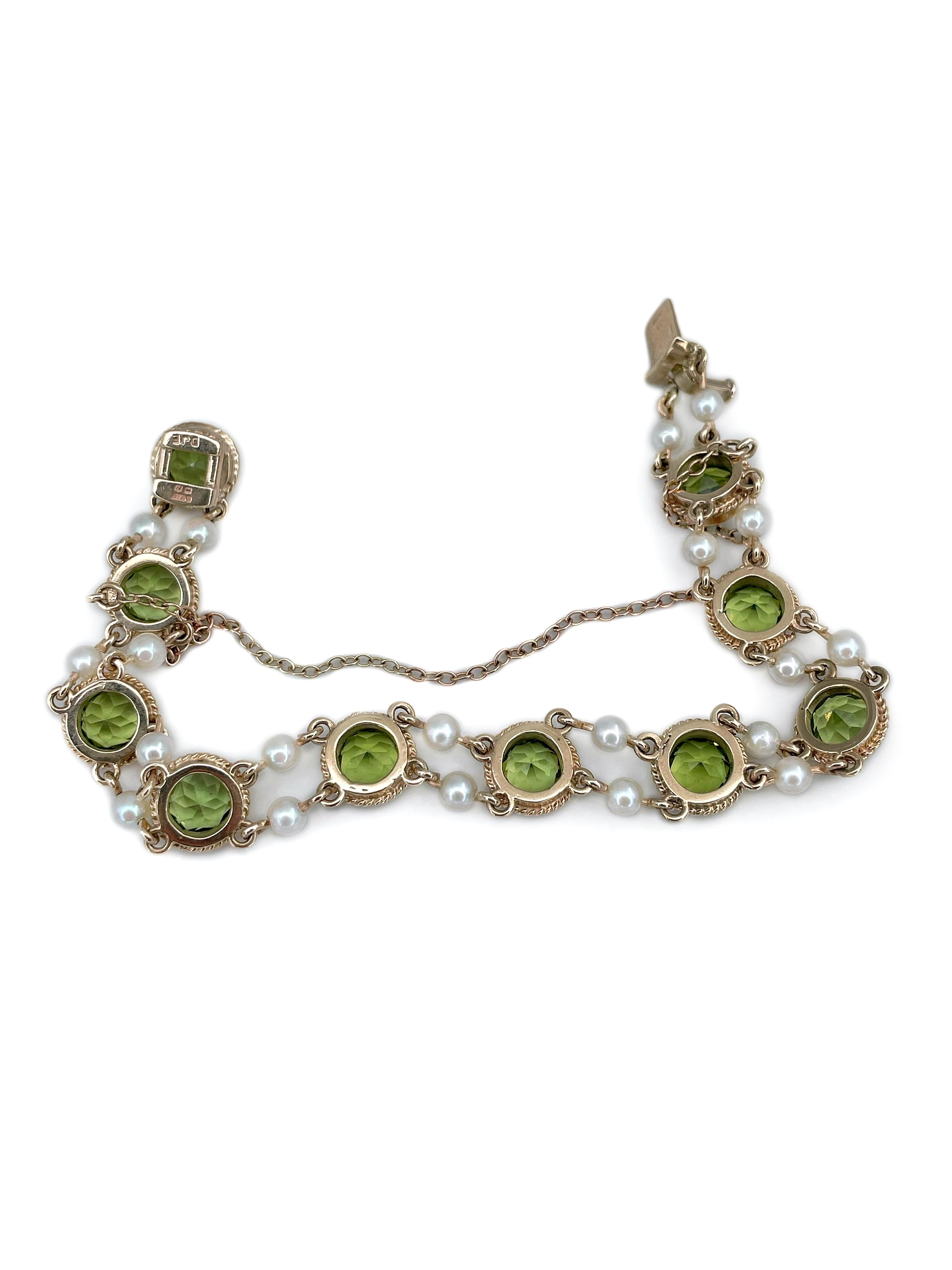 Women's Edwardian 9 Karat Yellow Gold Peridot Cultured Pearl Link Bracelet
