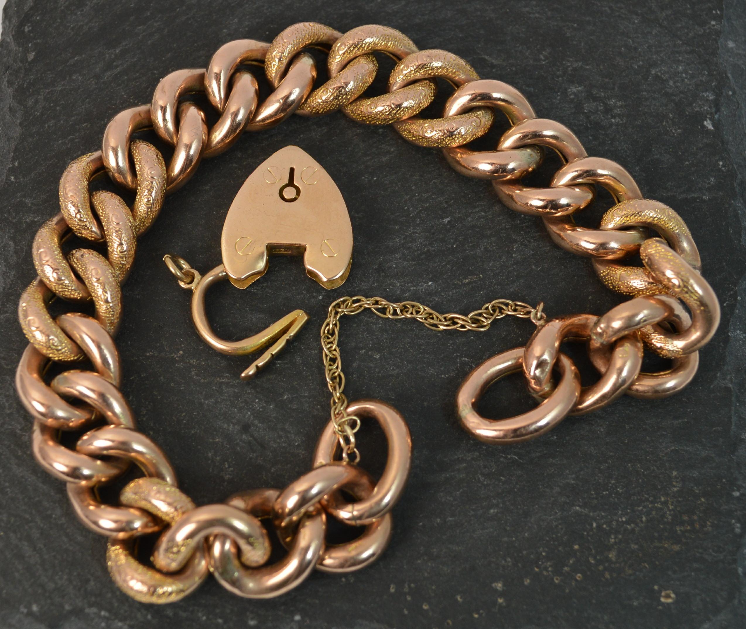 Edwardian 9 Rose Carat Gold Chased Curb Bracelet 3