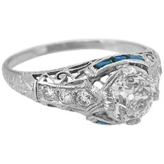 Edwardian .90 Carat. Diamond and Sapphire Antique Engagement Ring Platinum