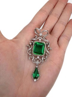 Edwardian 900 Platinum Green Paste Diamond Bow Floral Motif Drop Pendant Brooch