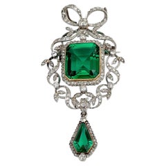 Edwardian 900 Platinum Green Paste Diamond Bow Floral Motif Drop Pendant Brooch