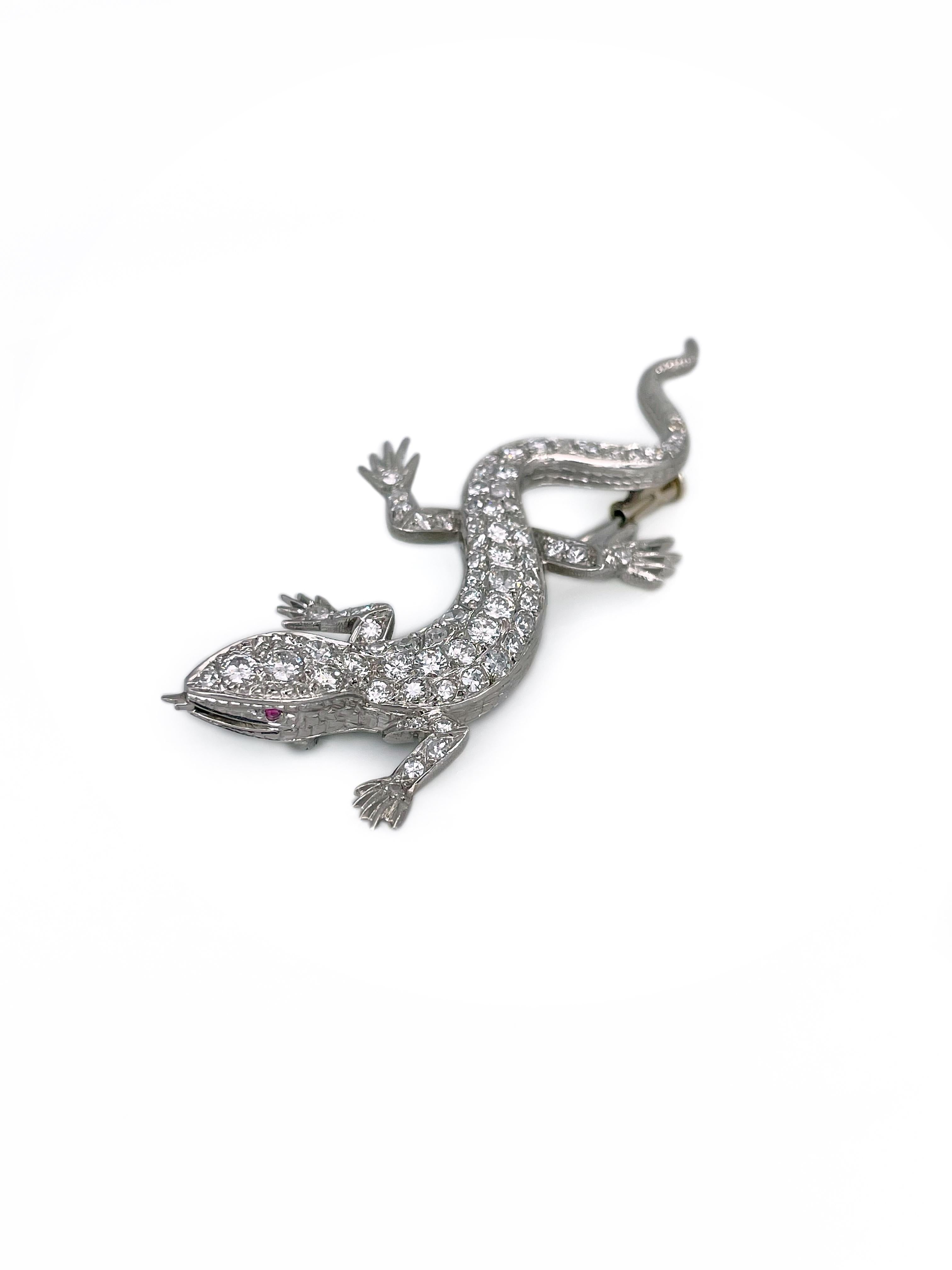 Anstecknadelbrosche, Edwardian 950 Platin TW 1,55 Karat Diamant Eidechse (Gemischter Schliff) im Angebot