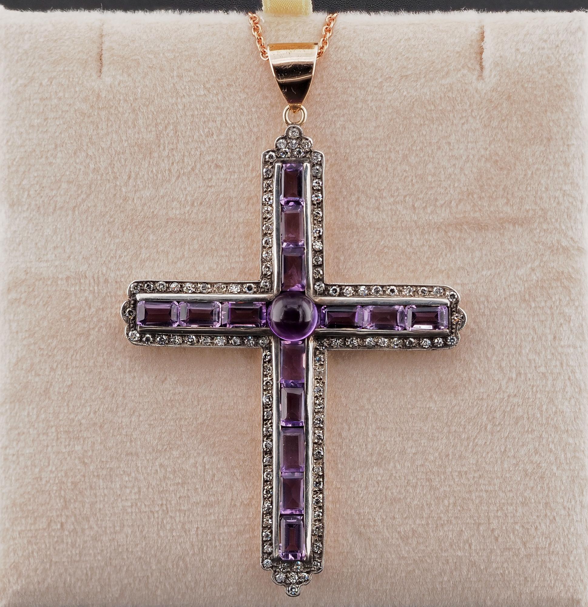 Stunning Antique Cross
This superb antique Diamond and Amethyst cross is 1905 ca.
Very large and impressive past artwork beautifully rendered as unique piece of jewellery of solid 18 KT gold silver topped for the Diamond housing
The captivating