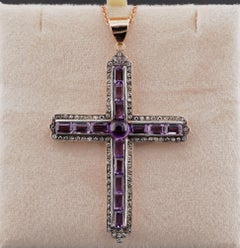 Edwardian 9.60 Ct Amethyst 1.60 Ct Diamond Large Cross Pendant