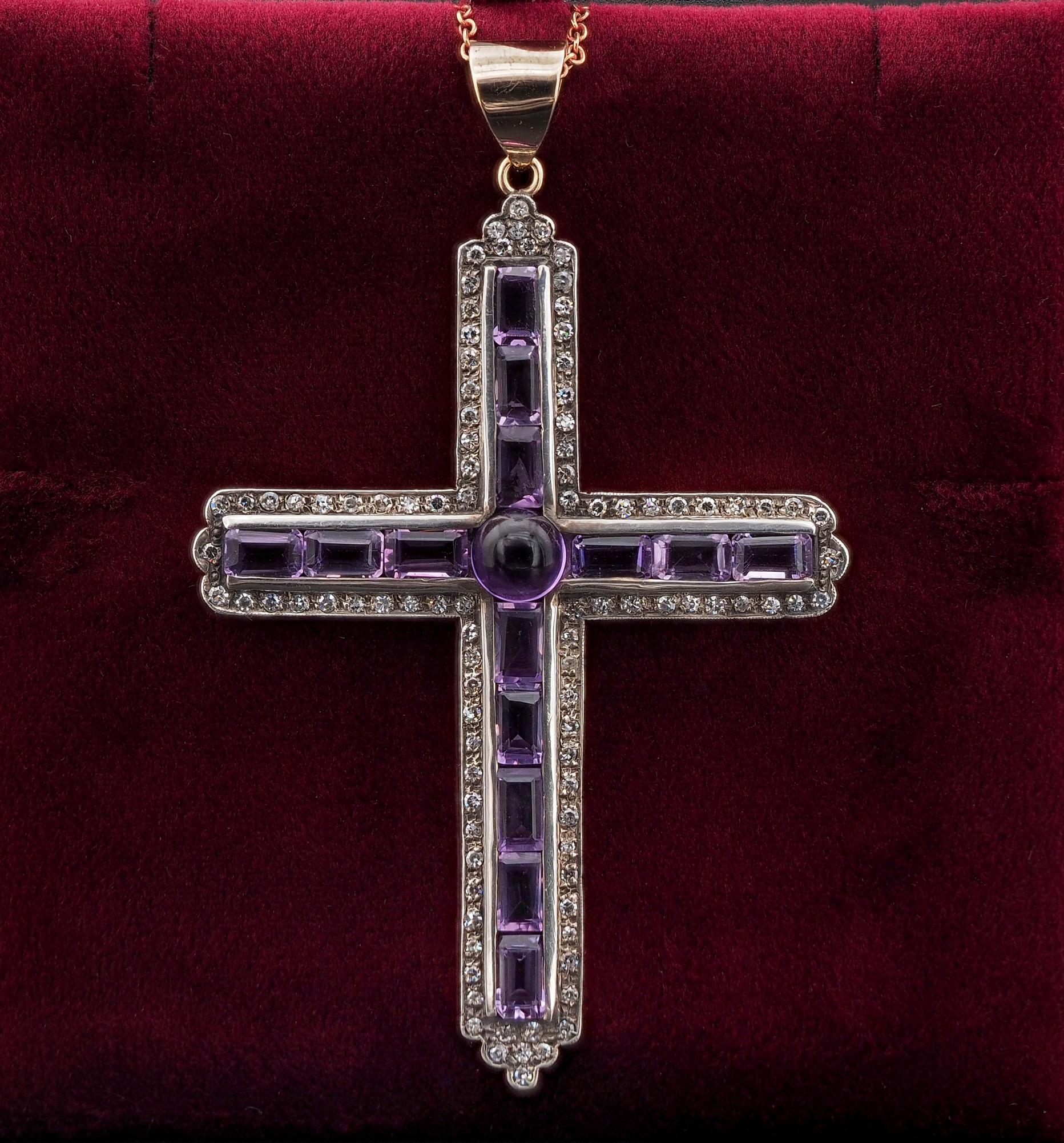 Emerald Cut Edwardian 9.60 Ct Amethyst 1.60 Ct Diamond Large Cross Pendant For Sale