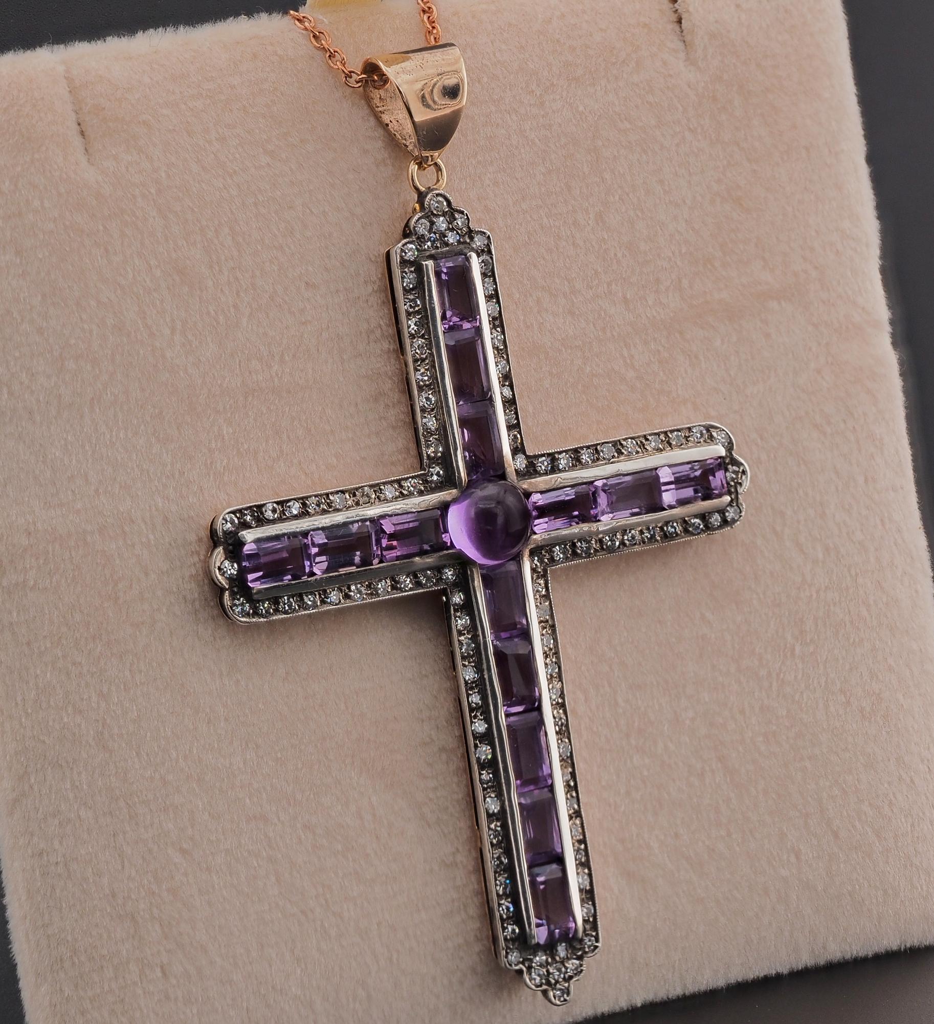 Edwardian 9.60 Ct Amethyst 1.60 Ct Diamond Large Cross Pendant In Good Condition For Sale In Napoli, IT