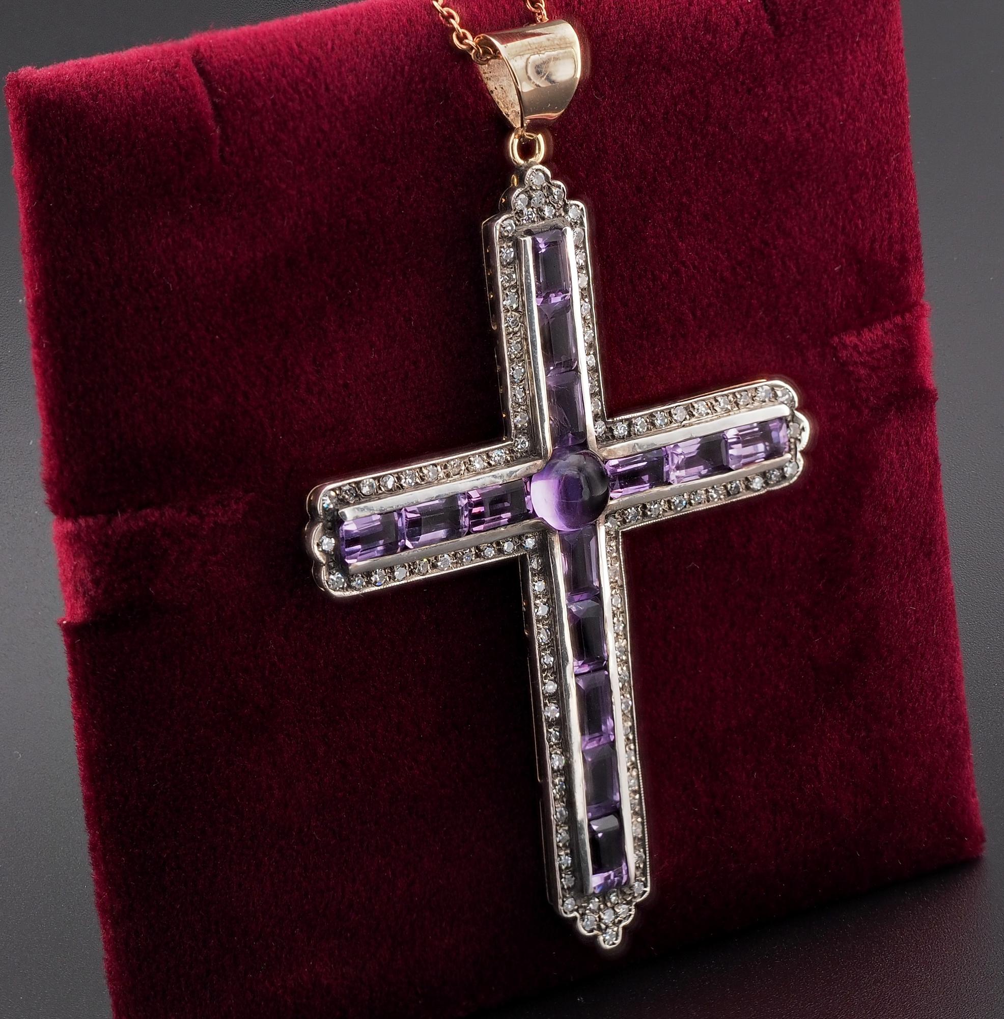 Women's Edwardian 9.60 Ct Amethyst 1.60 Ct Diamond Large Cross Pendant For Sale