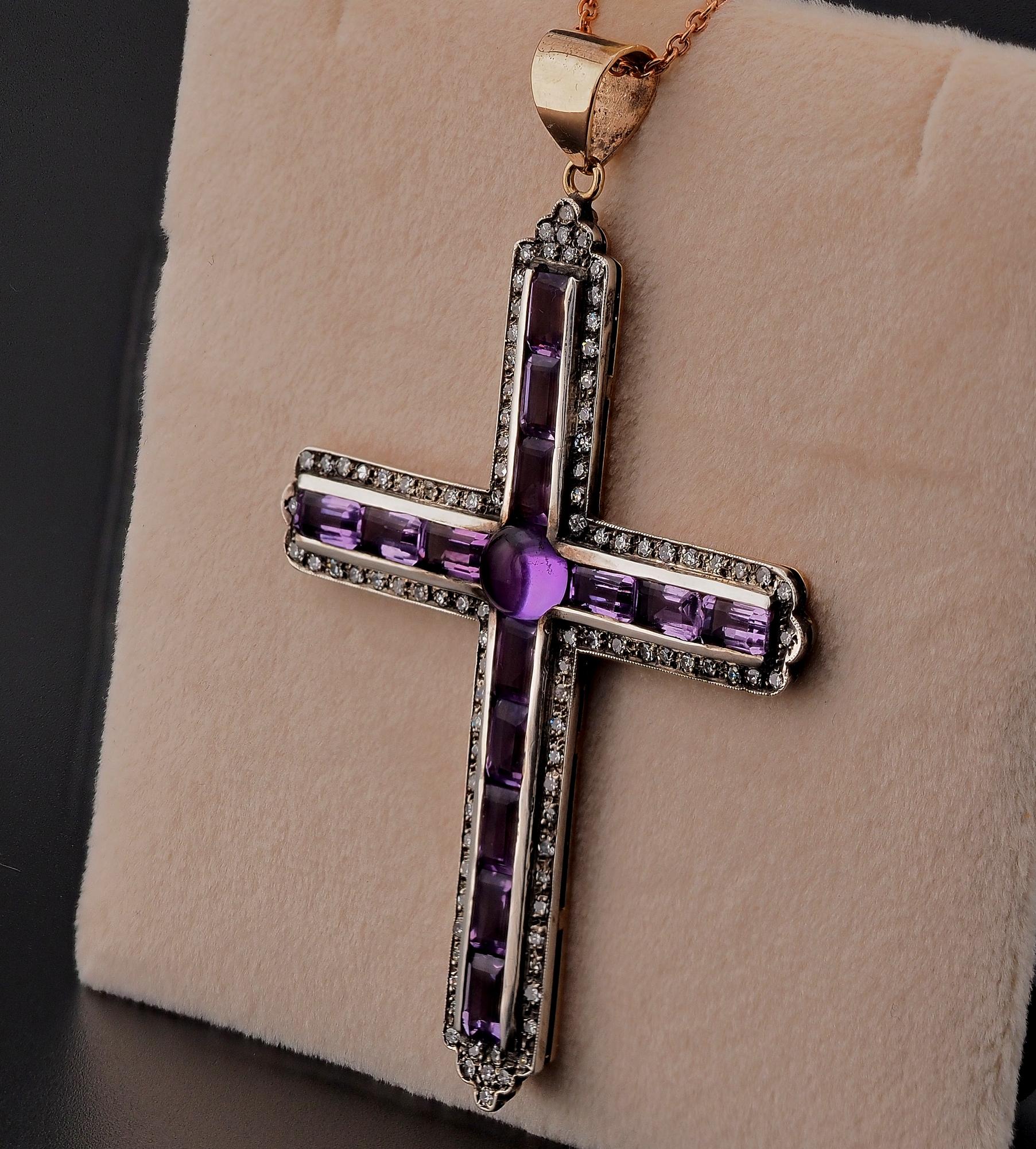 Edwardian 9.60 Ct Amethyst 1.60 Ct Diamond Large Cross Pendant For Sale 1