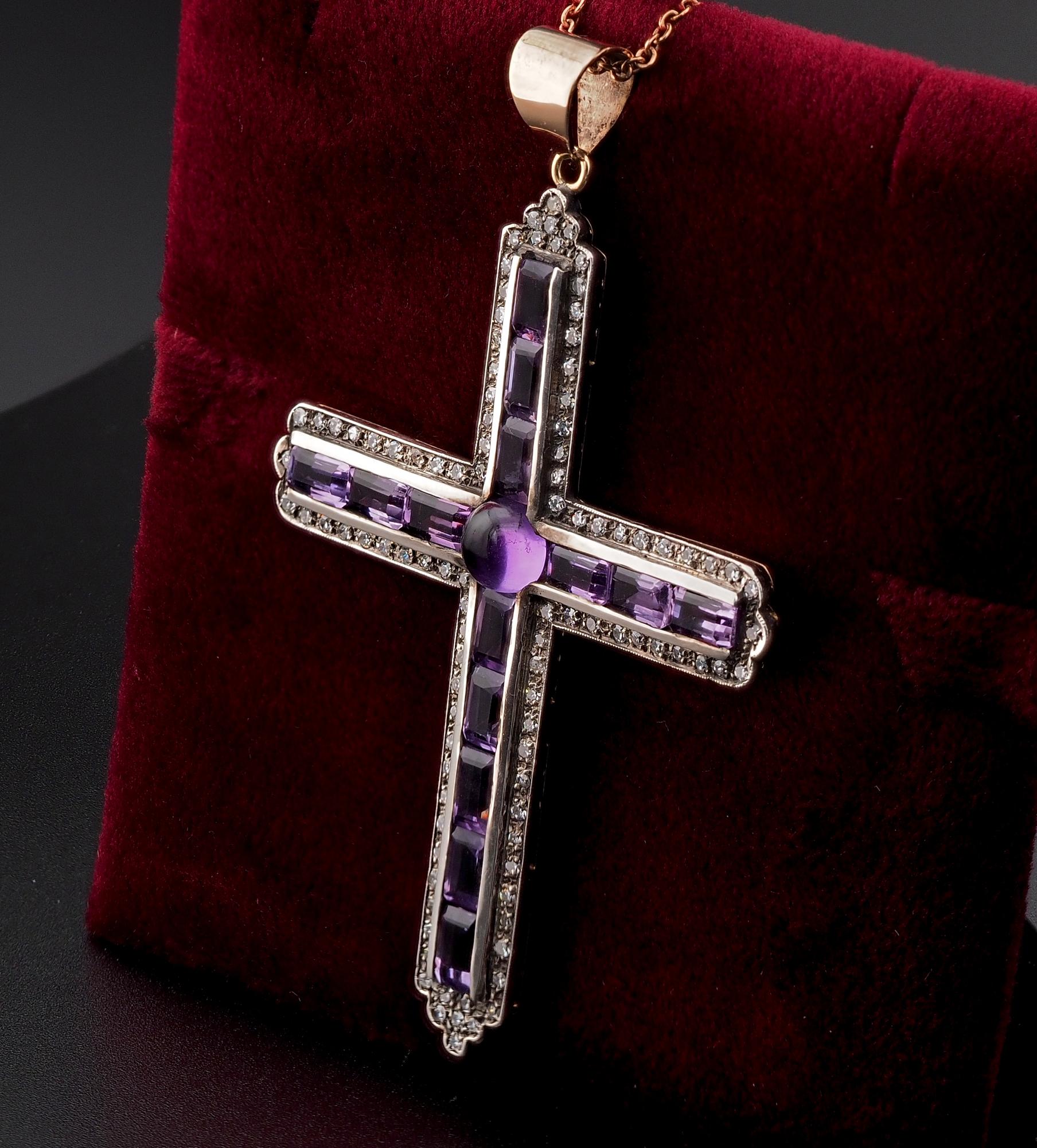 Edwardian 9.60 Ct Amethyst 1.60 Ct Diamond Large Cross Pendant For Sale 2