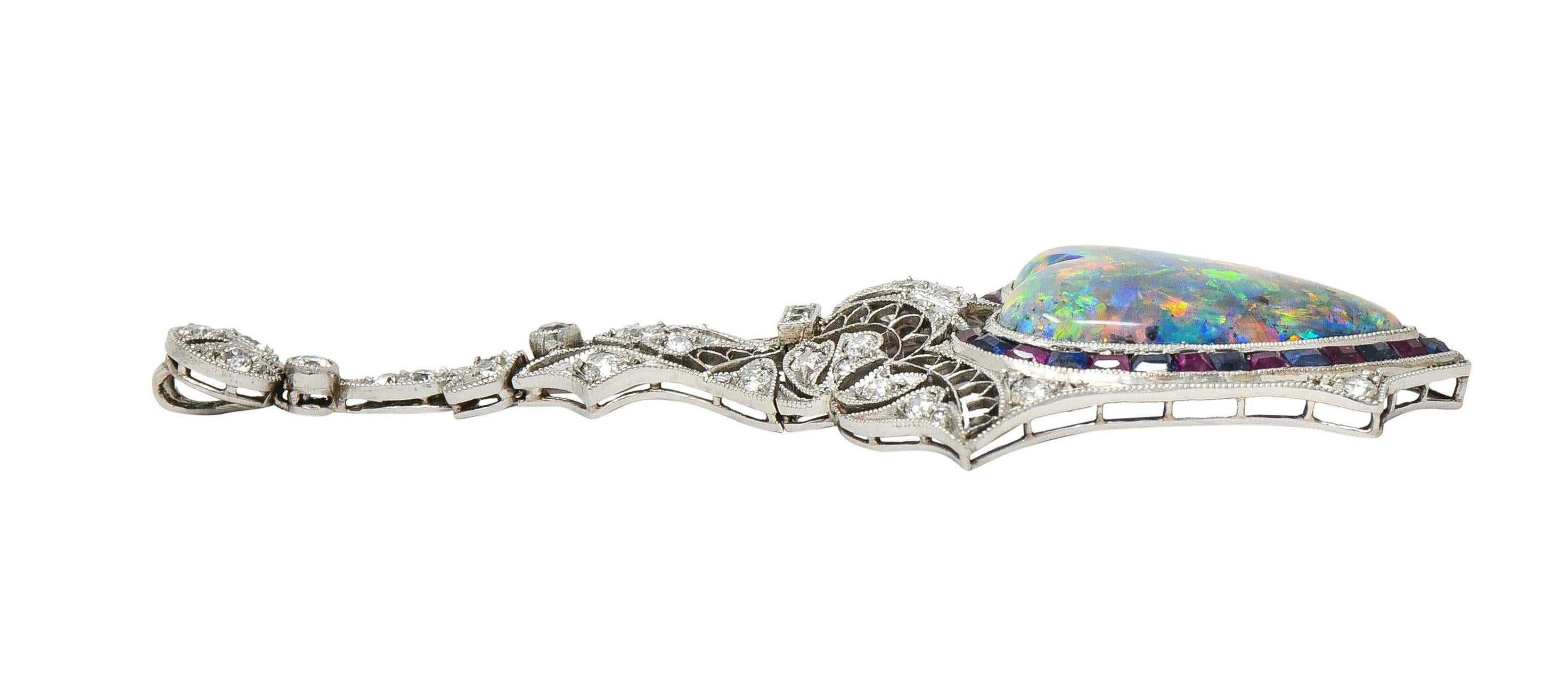Edwardian 9.64 CTW Diamond Sapphire Ruby Heart Shaped Black Opal Antique Pendant For Sale 5