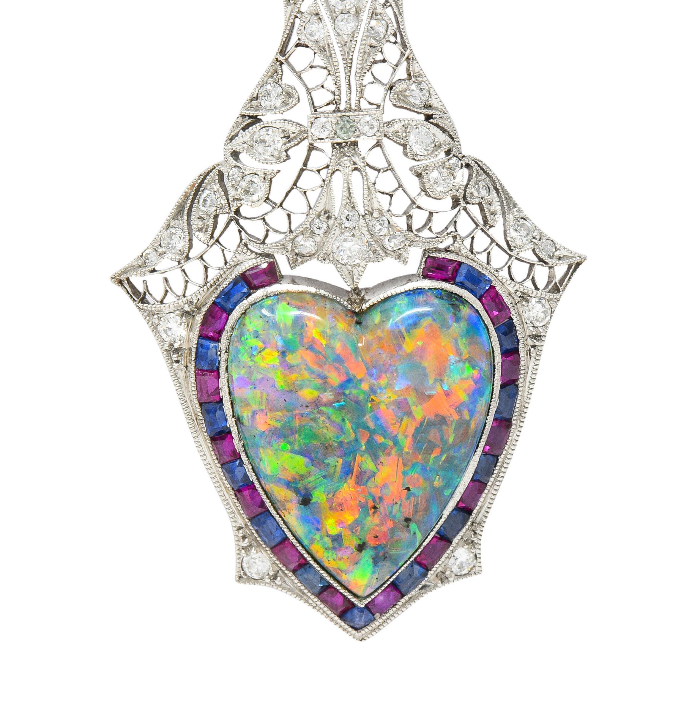 Edwardian 9.64 CTW Diamond Sapphire Ruby Heart Shaped Black Opal Antique Pendant For Sale 6