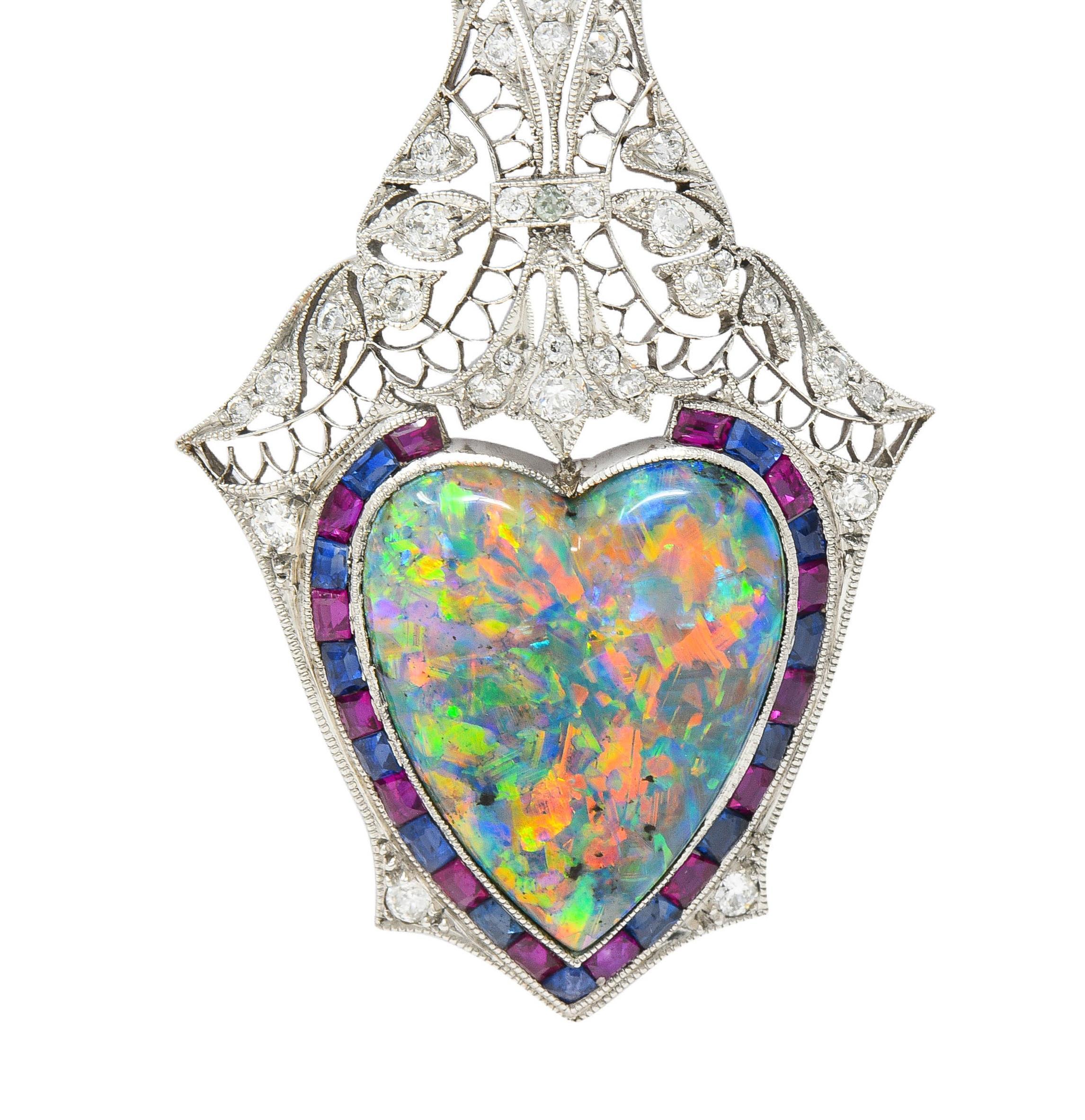 Edwardian 9.64 CTW Diamond Sapphire Ruby Heart Shaped Black Opal Antique Pendant 6