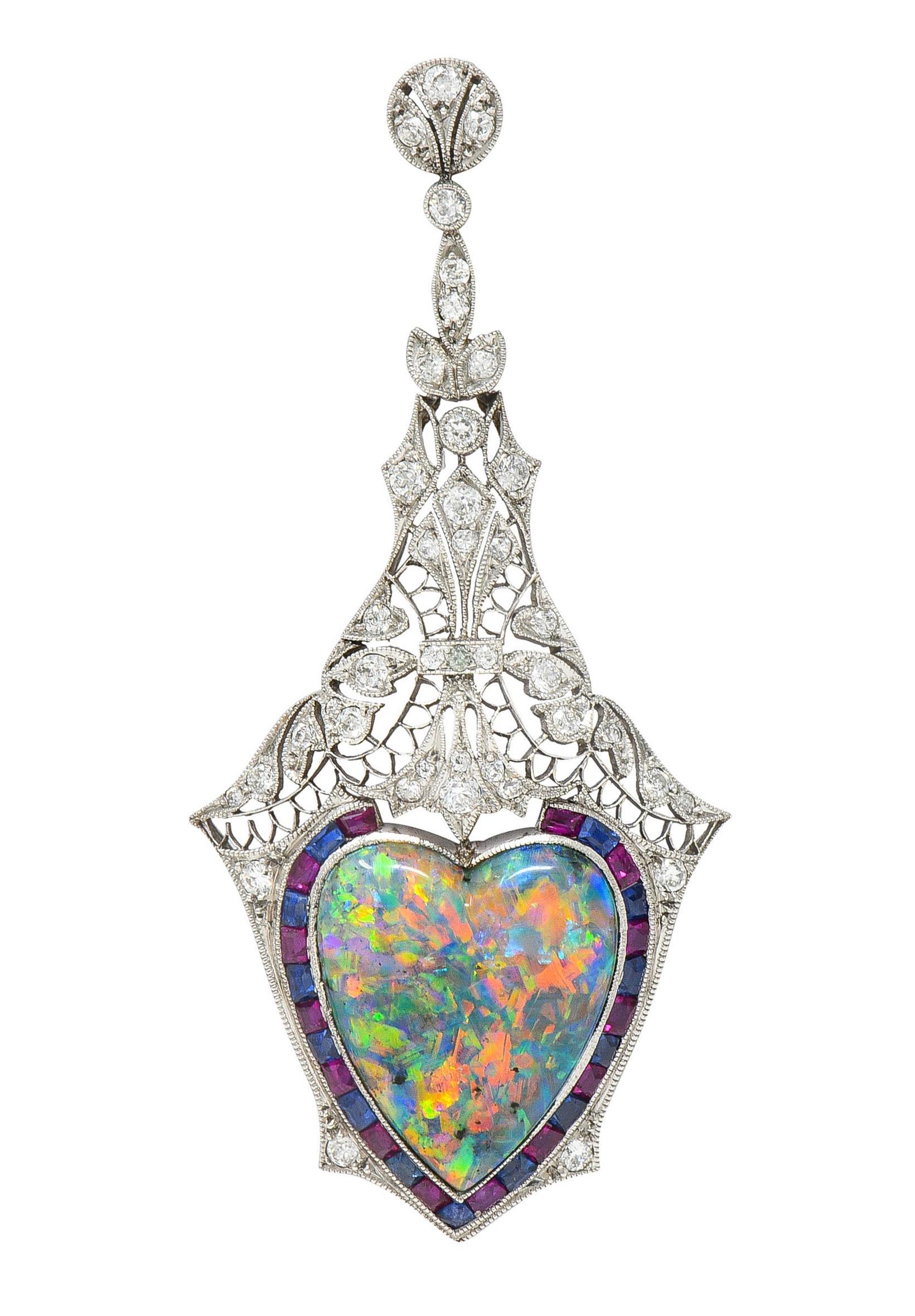 Edwardian 9.64 CTW Diamond Sapphire Ruby Heart Shaped Black Opal Antique Pendant For Sale 7