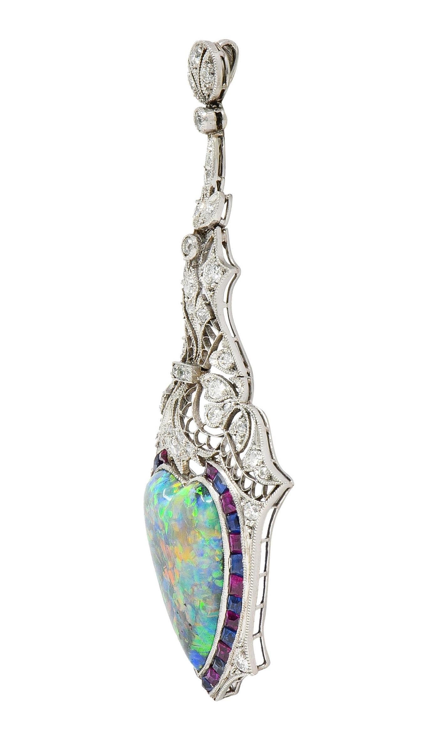Heart Cut Edwardian 9.64 CTW Diamond Sapphire Ruby Heart Shaped Black Opal Antique Pendant