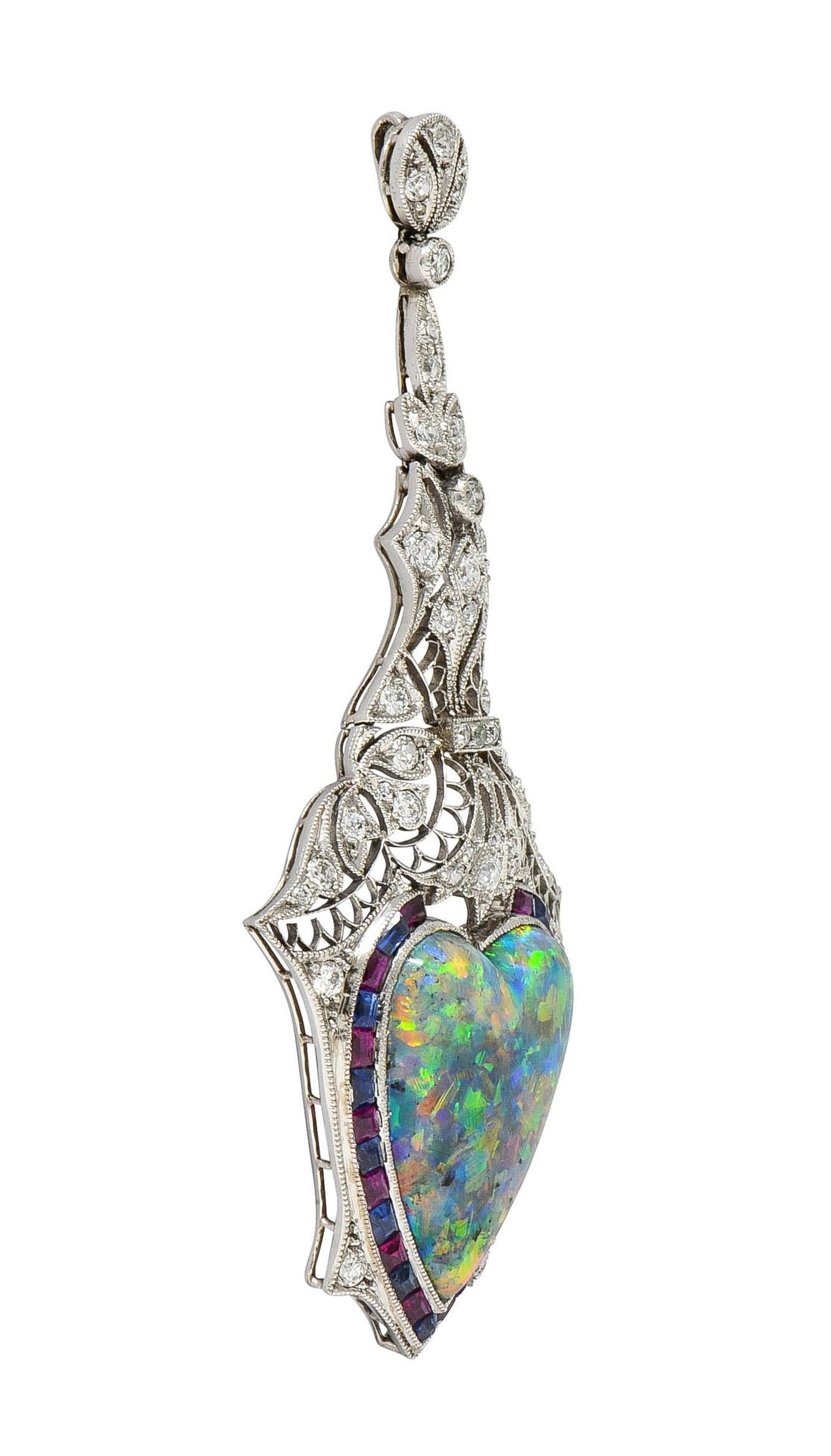Women's or Men's Edwardian 9.64 CTW Diamond Sapphire Ruby Heart Shaped Black Opal Antique Pendant