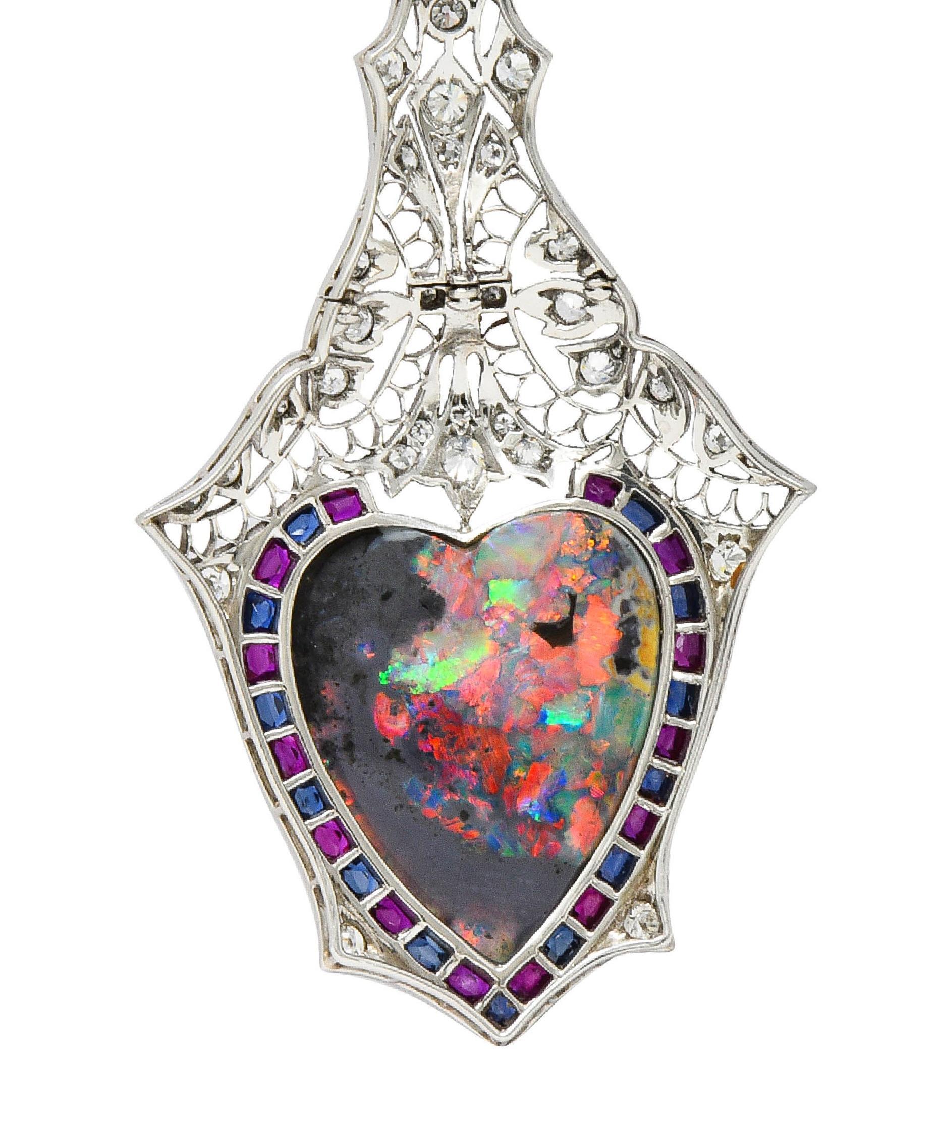 Edwardian 9.64 CTW Diamond Sapphire Ruby Heart Shaped Black Opal Antique Pendant 3