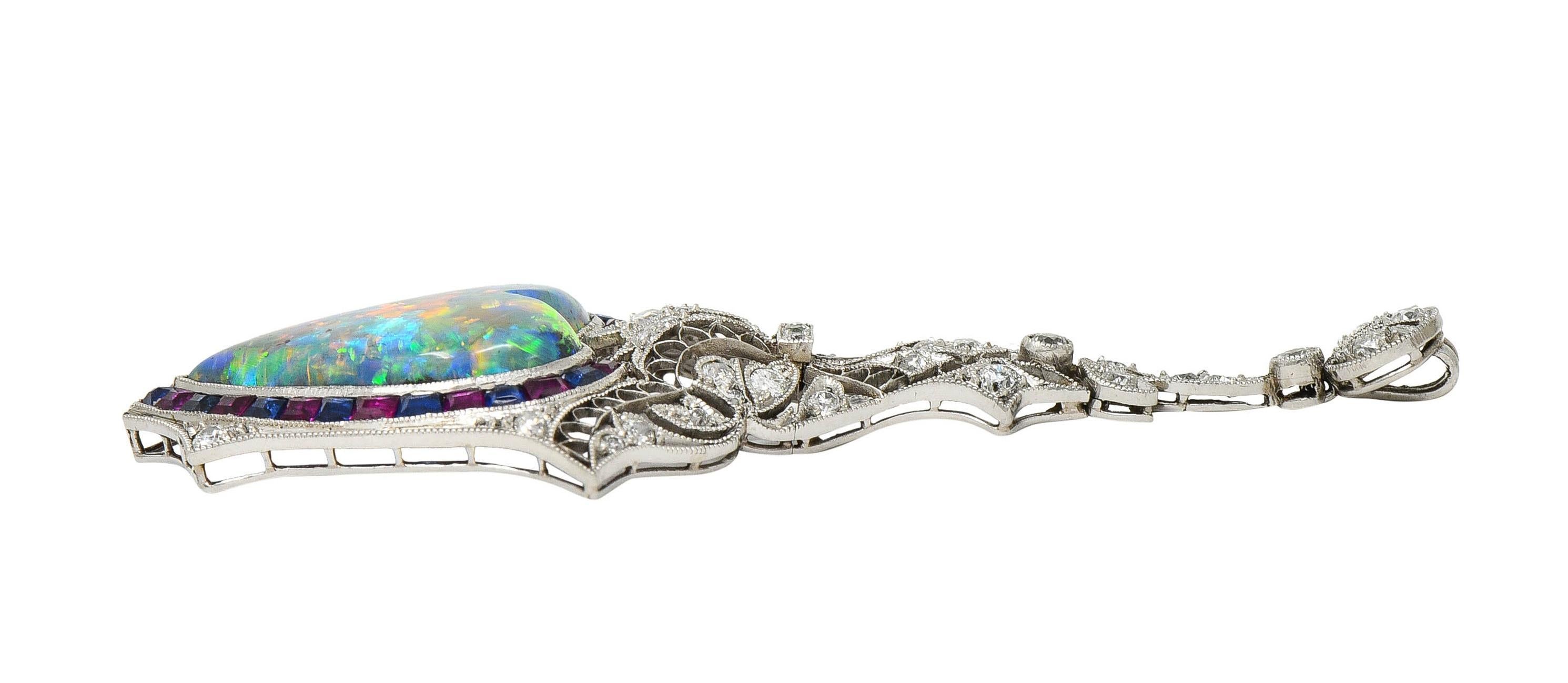 Edwardian 9.64 CTW Diamond Sapphire Ruby Heart Shaped Black Opal Antique Pendant For Sale 4