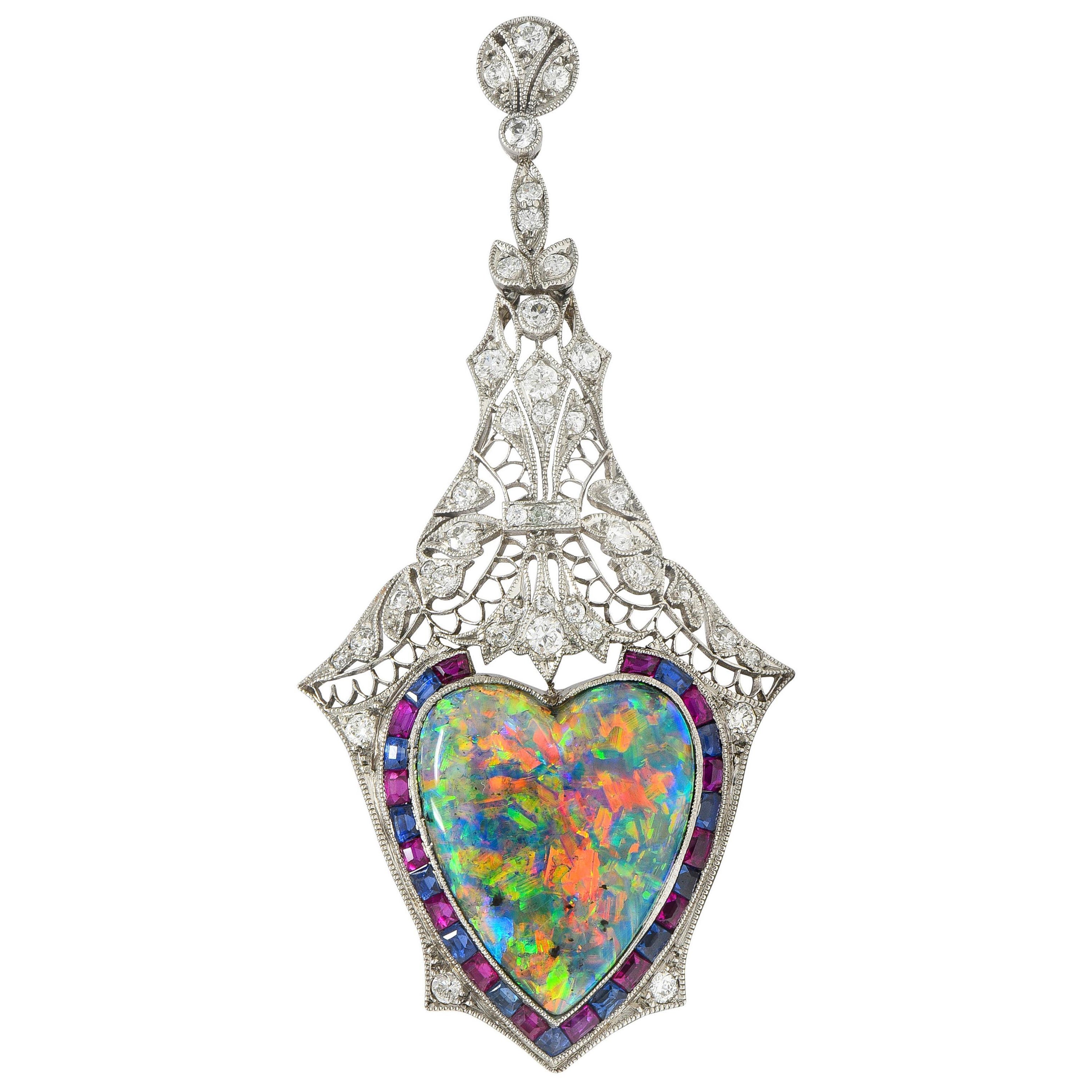 Edwardian 9.64 CTW Diamond Sapphire Ruby Heart Shaped Black Opal Antique Pendant
