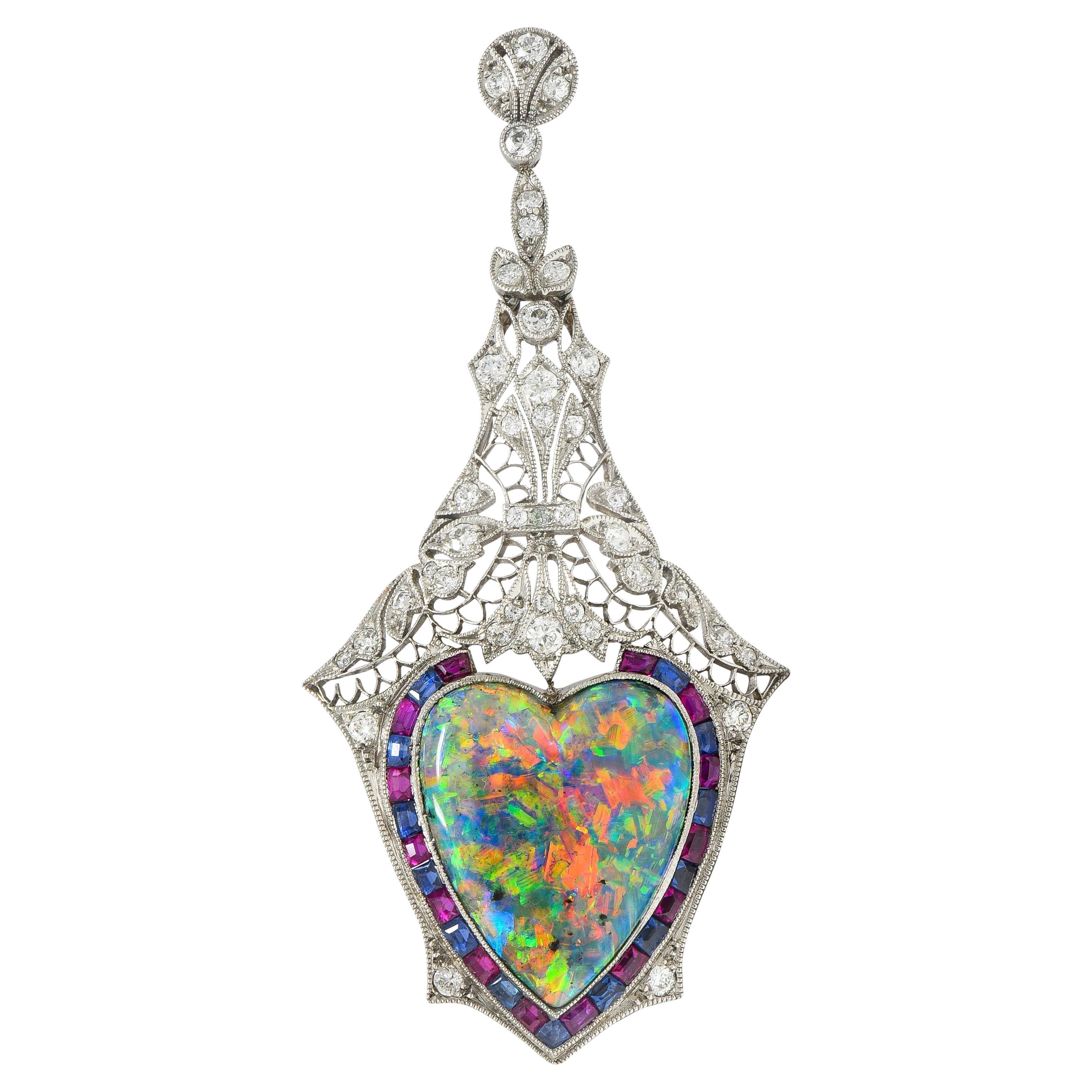 Edwardian 9.64 CTW Diamond Sapphire Ruby Heart Shaped Black Opal Antique Pendant For Sale