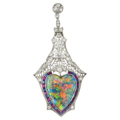 Edwardian 9.64 CTW Diamond Sapphire Ruby Heart Shaped Black Opal Antique Pendant