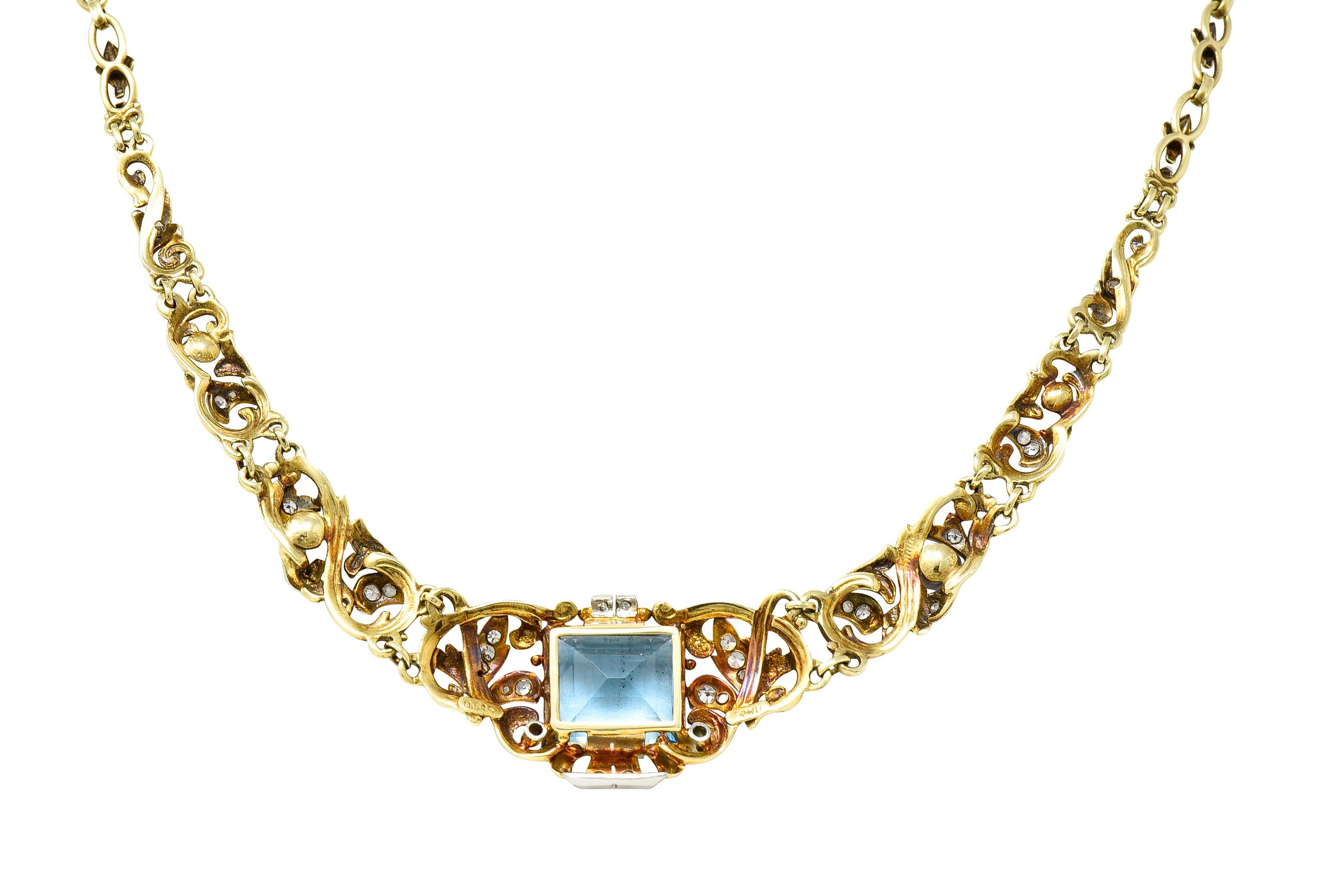 Old European Cut Edwardian 9.71 Carats Step-Cut Aquamarine Diamond Pearl Platinum Gold Necklace