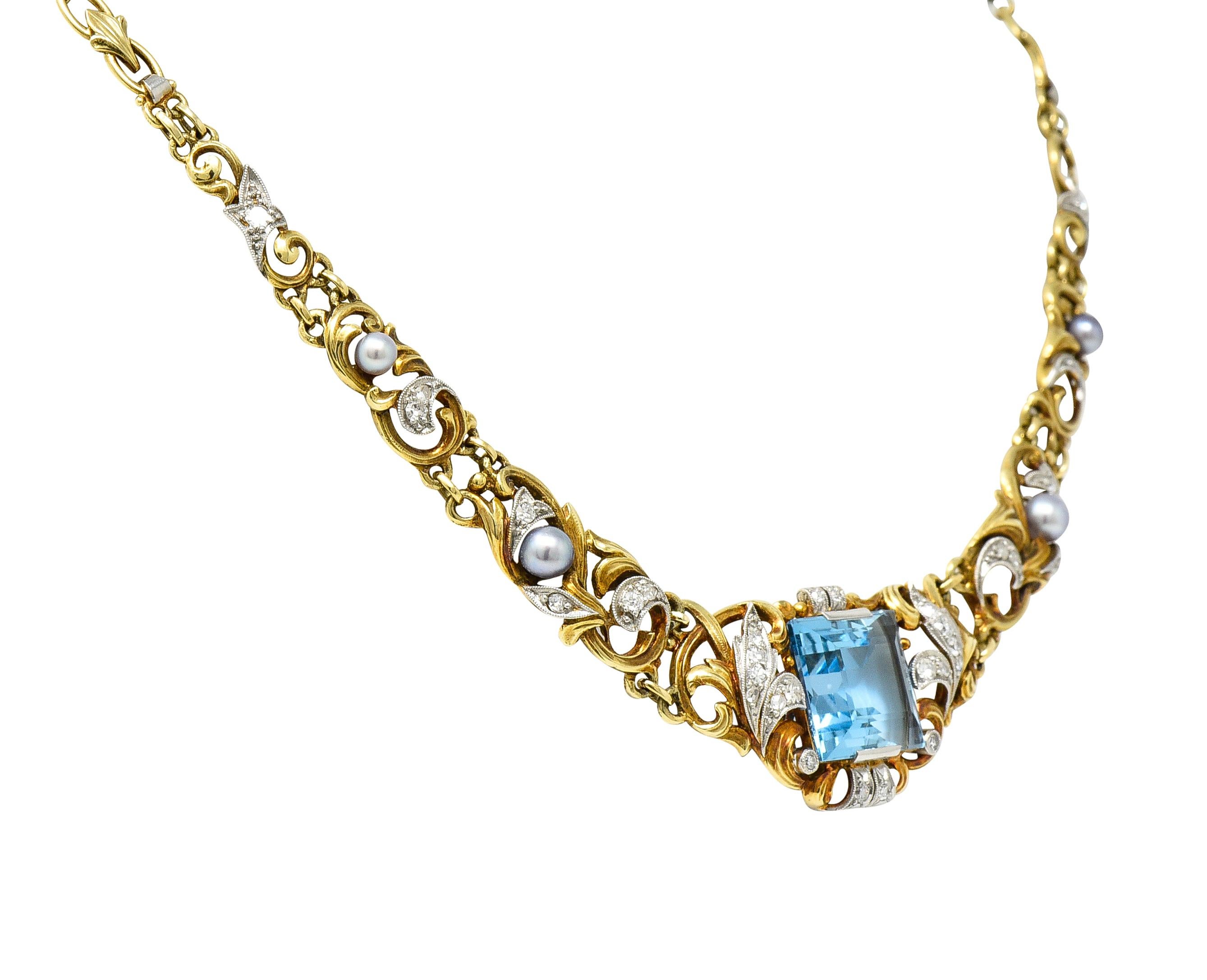 Edwardian 9.71 Carats Step-Cut Aquamarine Diamond Pearl Platinum Gold Necklace In Excellent Condition In Philadelphia, PA