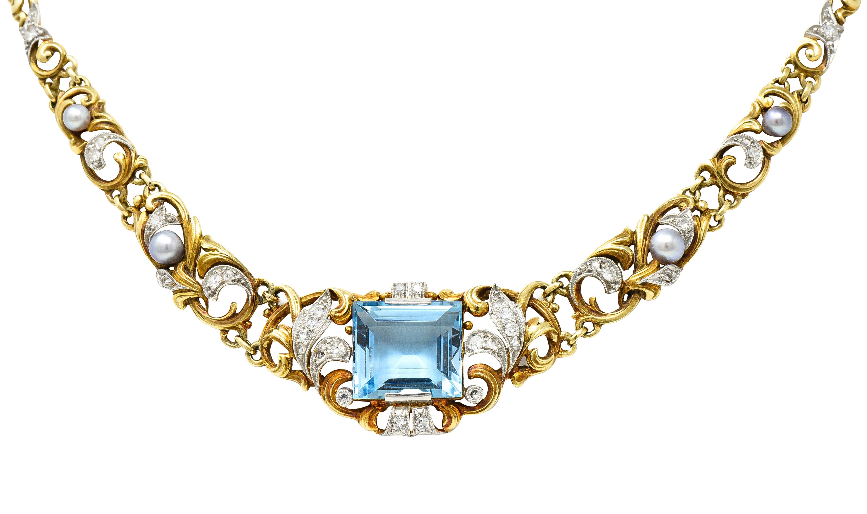 Edwardian 9.71 Carats Step-Cut Aquamarine Diamond Pearl Platinum Gold Necklace 3