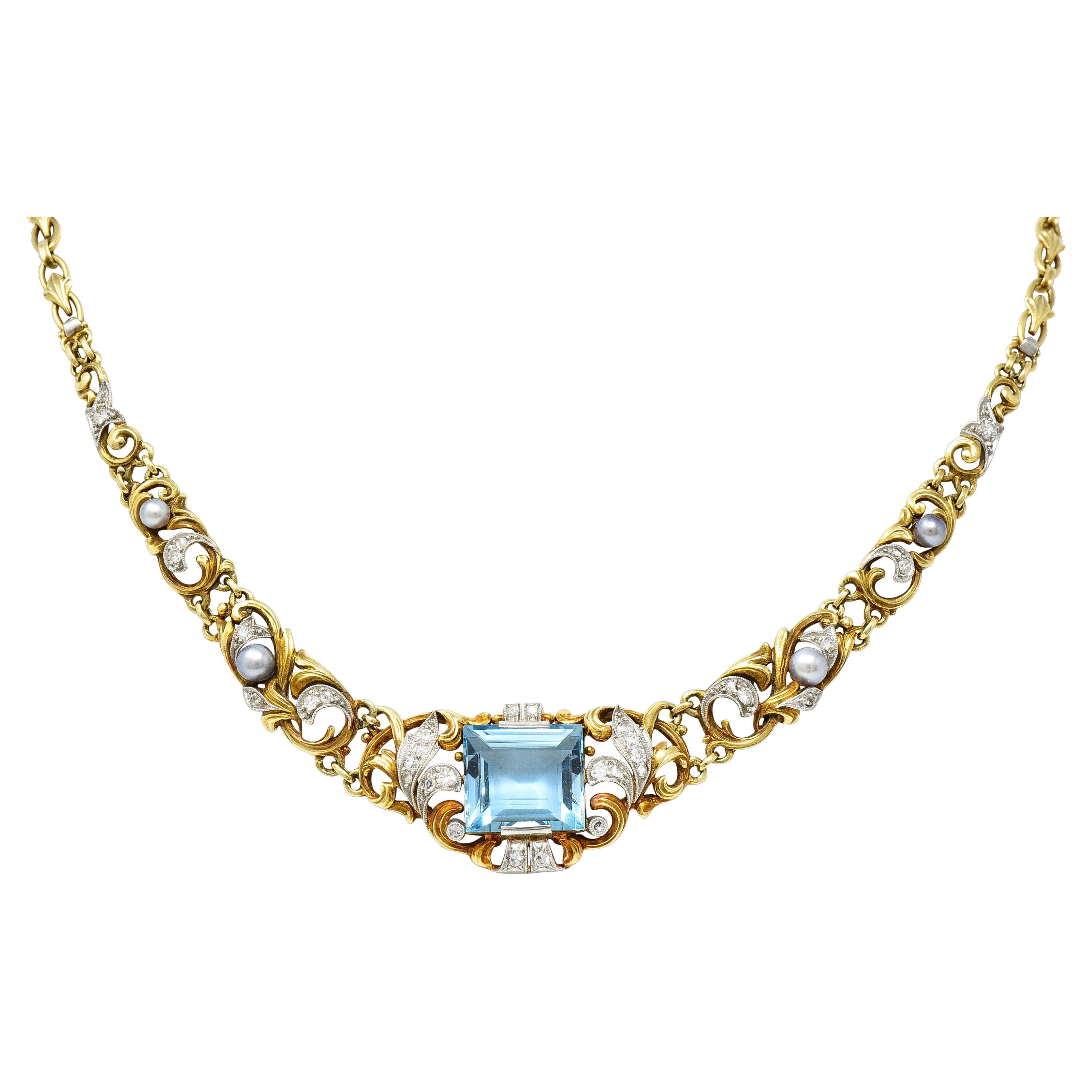 Edwardian 9.71 Carats Step-Cut Aquamarine Diamond Pearl Platinum Gold Necklace
