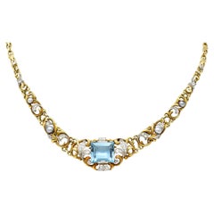 Antique Edwardian 9.71 Carats Step-Cut Aquamarine Diamond Pearl Platinum Gold Necklace