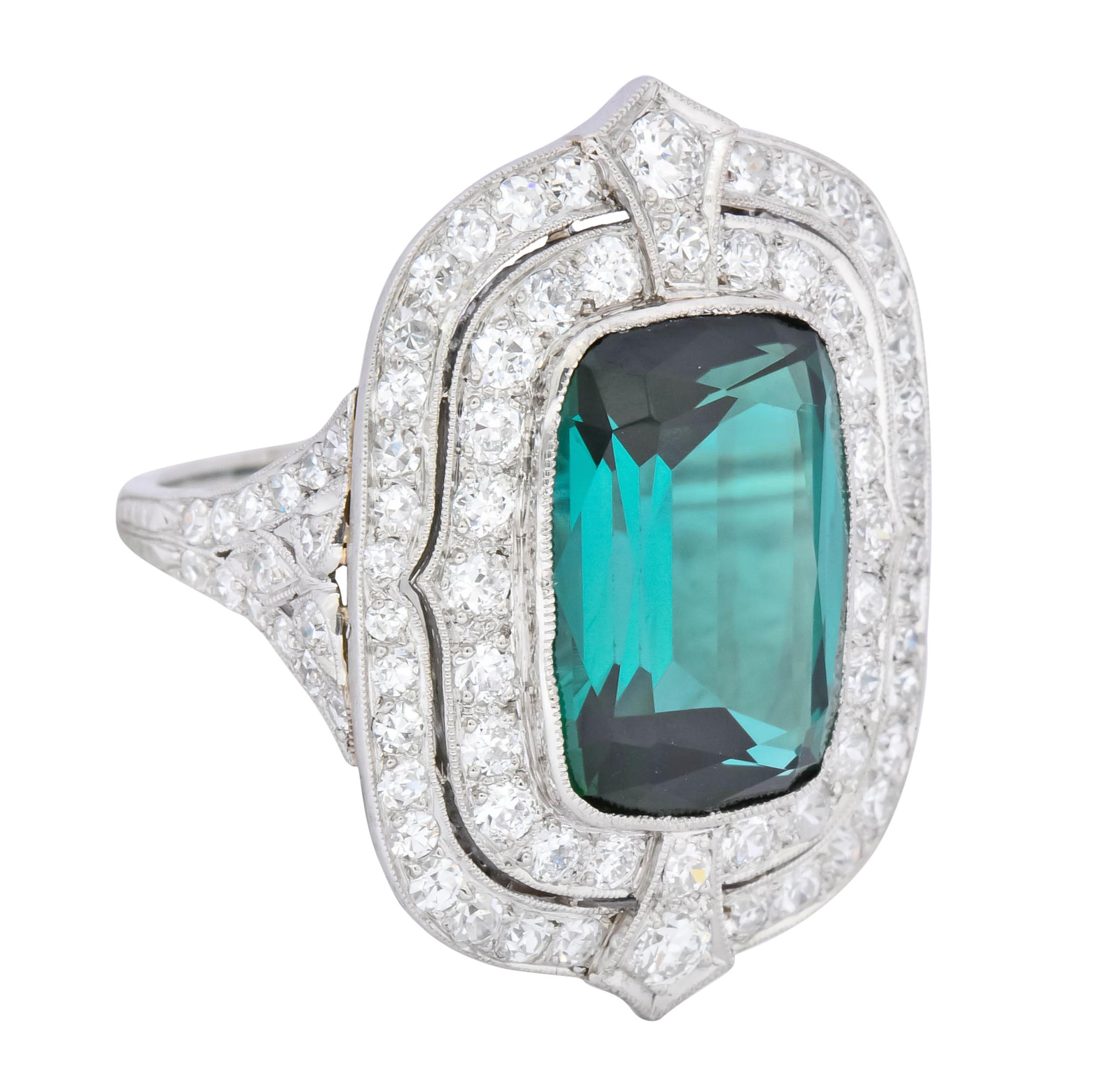 Edwardian 9.90 Carat Green Tourmaline Diamond Platinum Belle Époque Ring In Excellent Condition In Philadelphia, PA