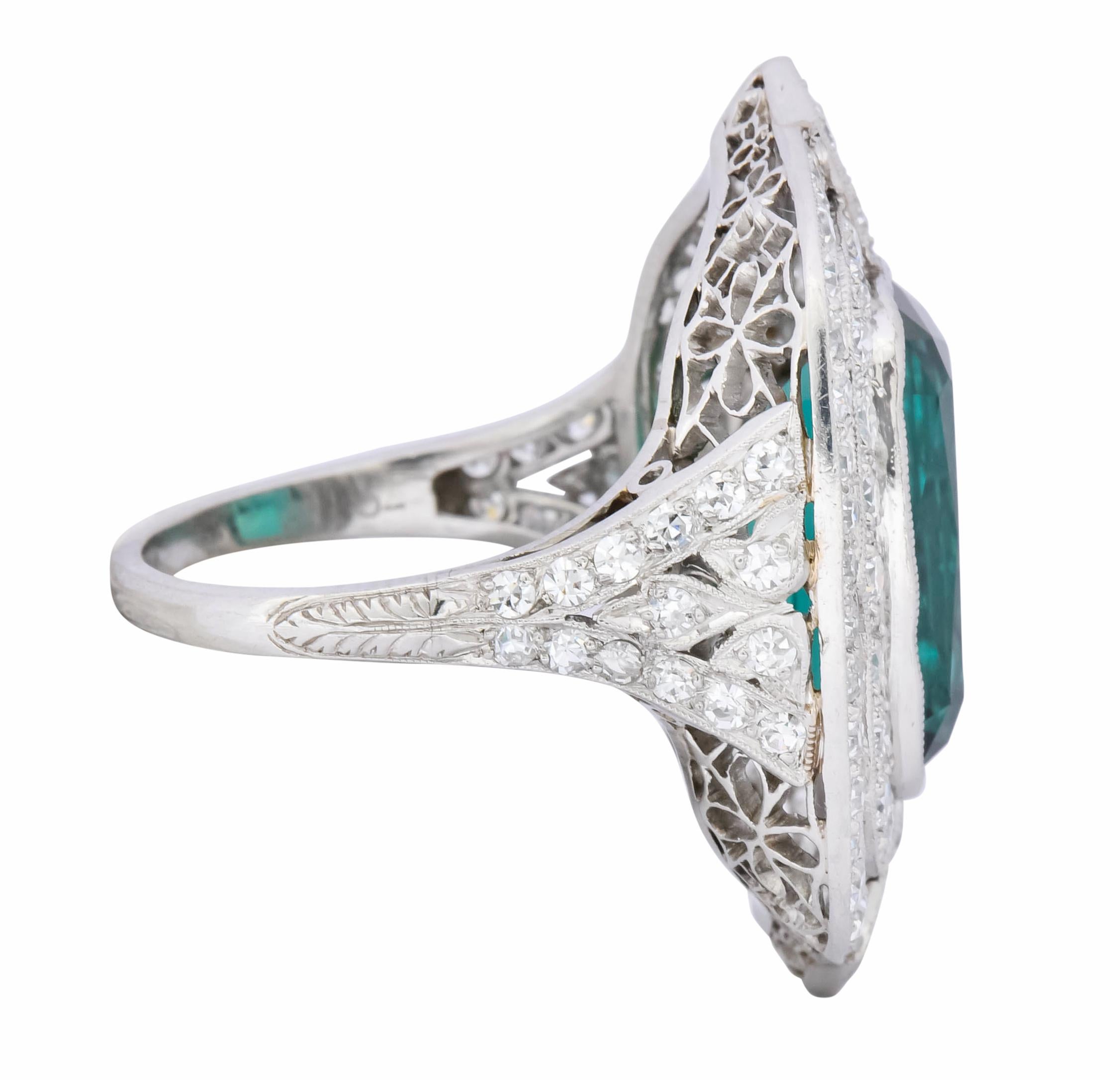 Women's or Men's Edwardian 9.90 Carat Green Tourmaline Diamond Platinum Belle Époque Ring