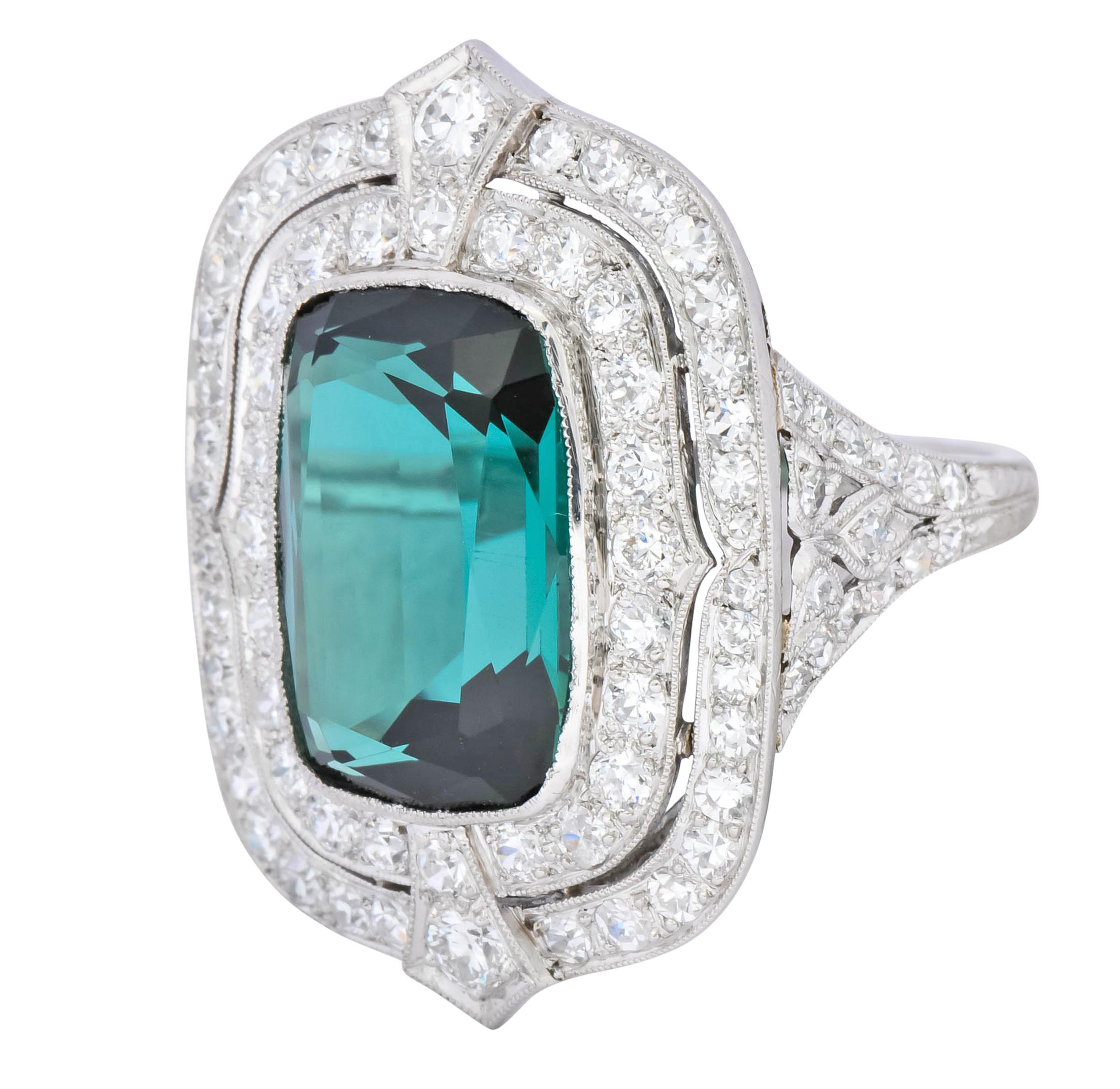 Edwardian 9.90 Carat Green Tourmaline Diamond Platinum Belle Époque Ring 2