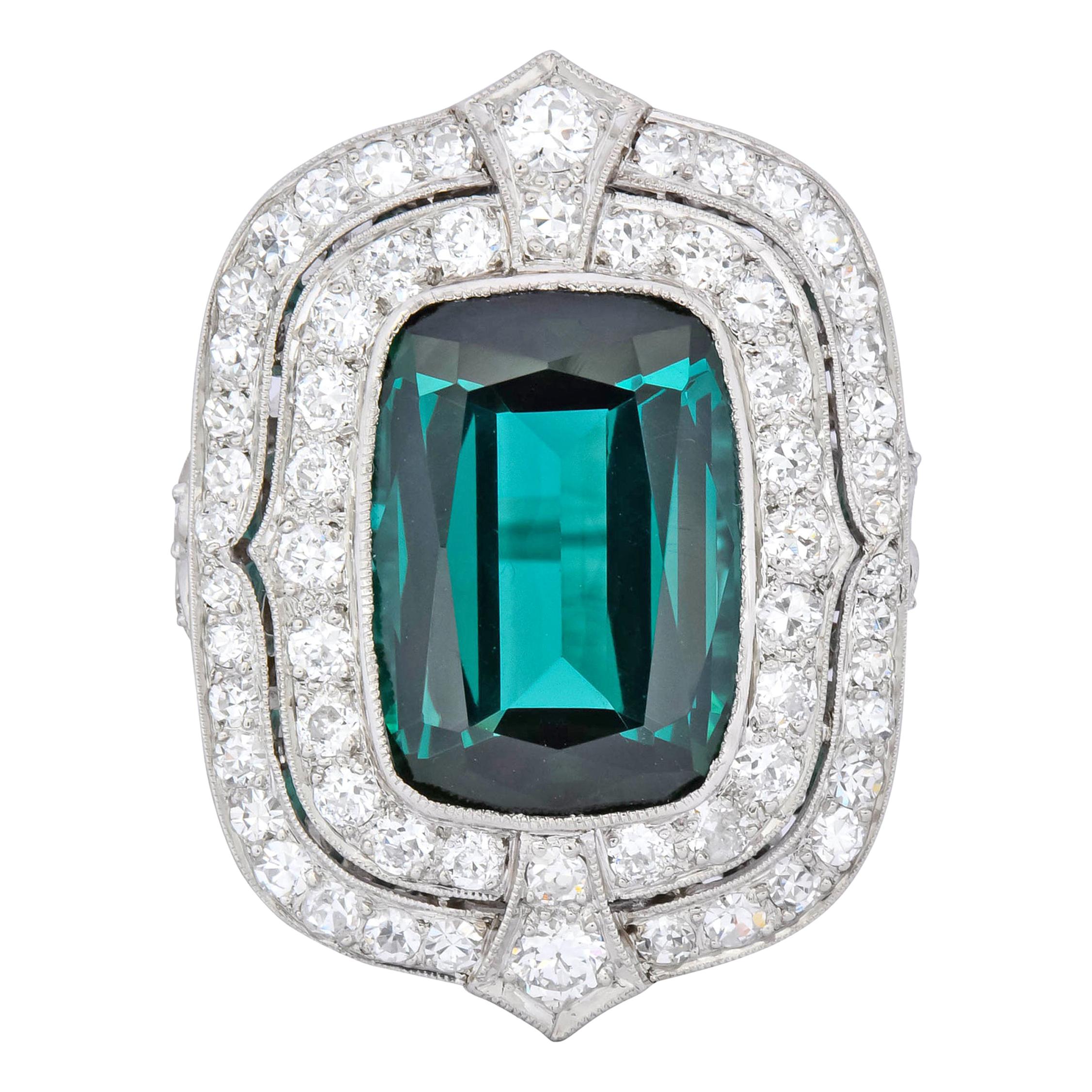 Edwardian 9.90 Carat Green Tourmaline Diamond Platinum Belle Époque Ring