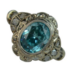 Vintage Edwardian 9 Carat Gold and Platinum Large Blue Zircon and Diamond Ring