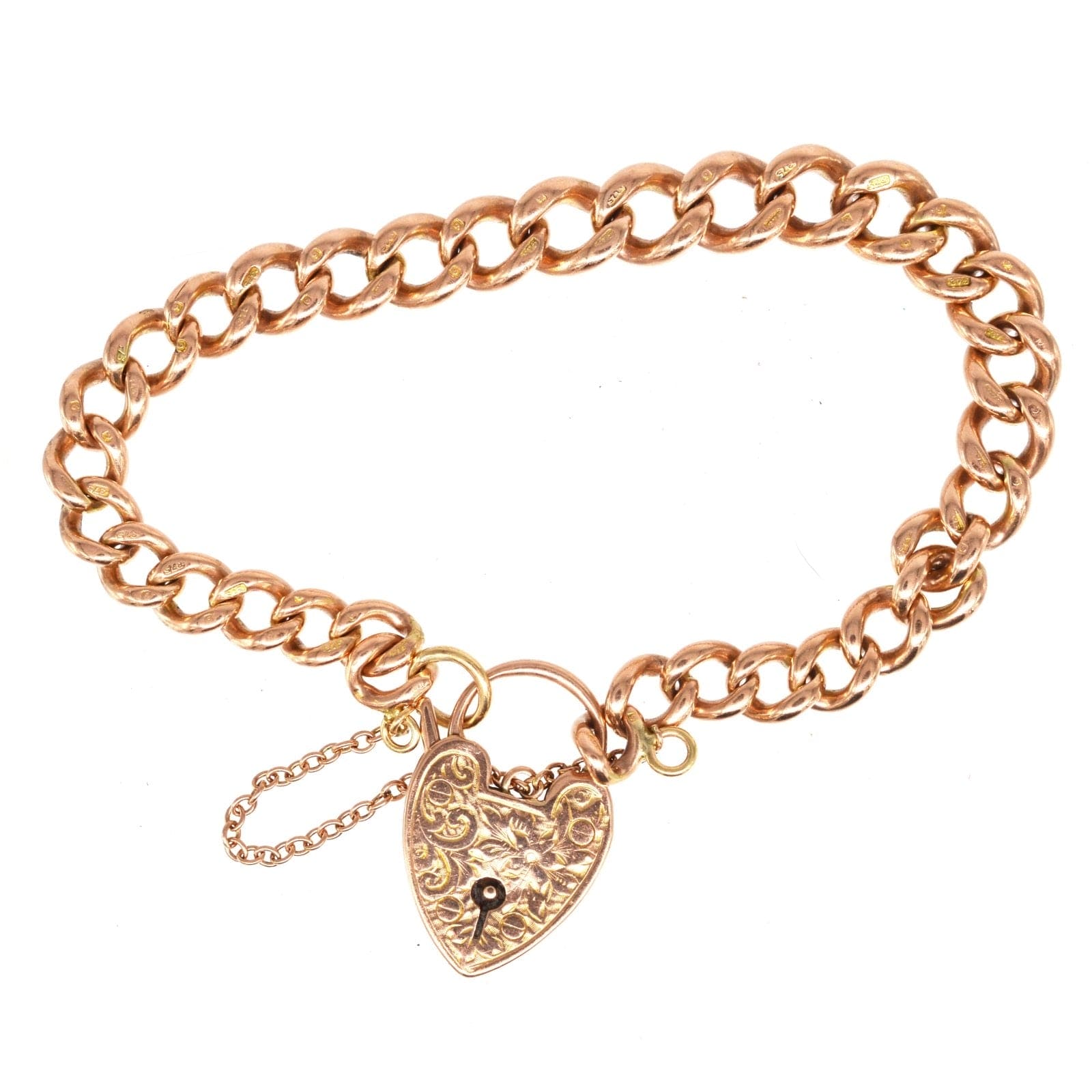 Edwardian 9ct Gold Curb Link Bracelet with Heart Padlock For Sale